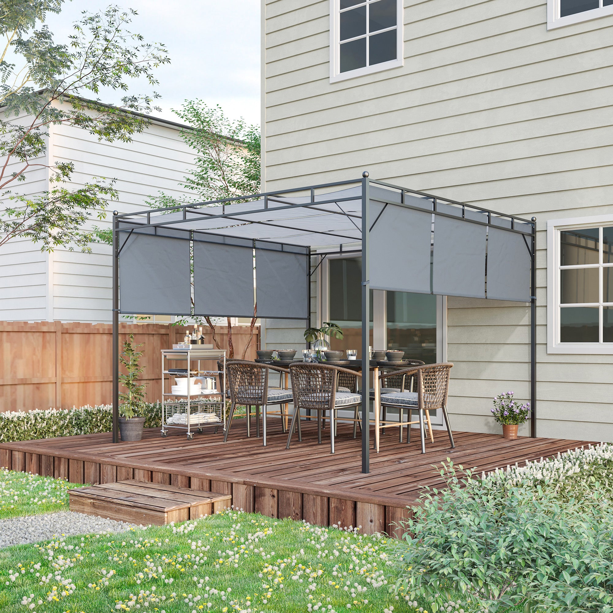 10' x 10' Retractable Pergola Canopy, Patio Gazebo Sun Shelter with Steel Frame for Garden, Lawn, Backyard and Deck, Dark Grey Pergolas at Gallery Canada