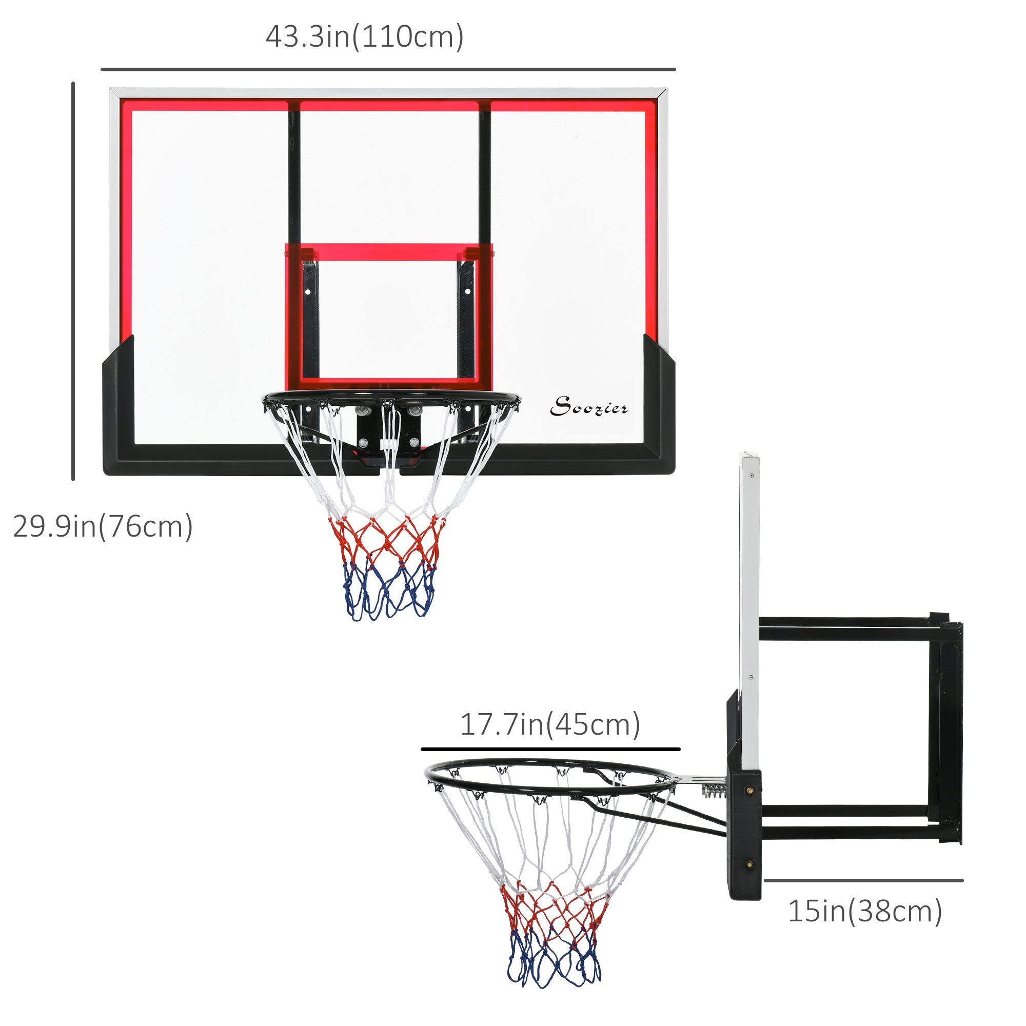 Wall Mounted Basketball Hoop, Backboard and Rim Combo, with 43'' x 30'' Shatter Proof Backboard, Durable Bracket and Net, for Indoor and Outdoor Basketball   at Gallery Canada