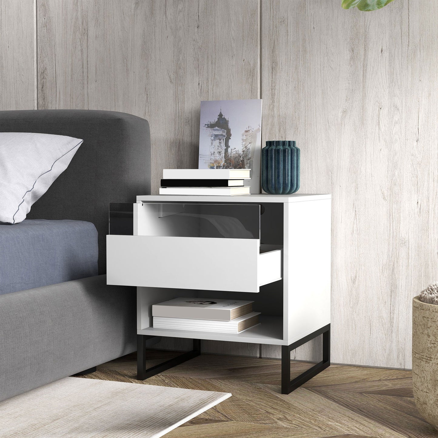 Bedside Table Set of 2, Side End Tables with Charging Station and USB Ports, LED Lights, 19" x 17" x 22", White Bedside Tables   at Gallery Canada