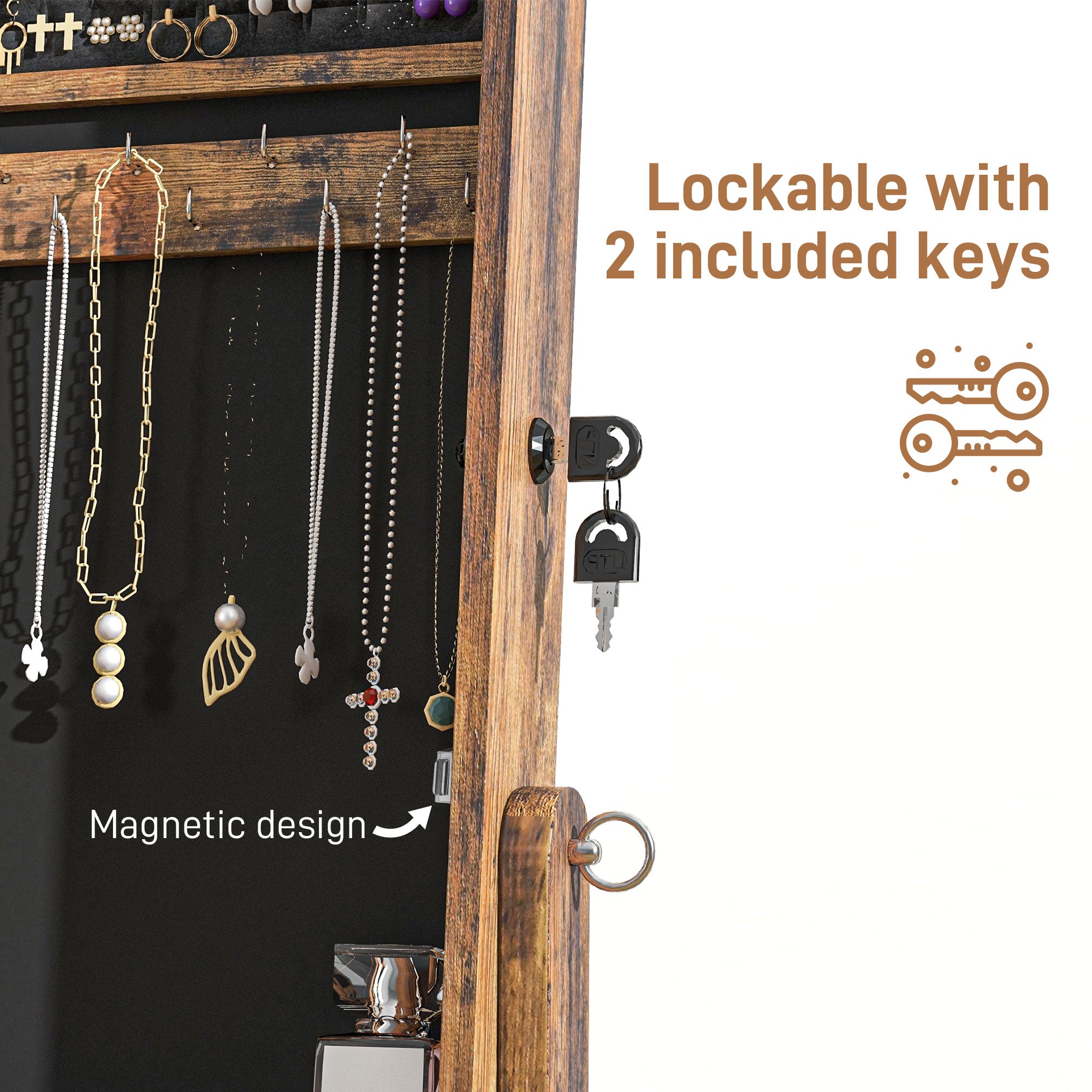 Lockable Mirror Jewelry Cabinet, Full-Length Mirror and Jewellery Storage with 3 Adjustable Angles, Rustic Brown Jewelry Armoire & Jewellery Mirror Cabinets   at Gallery Canada