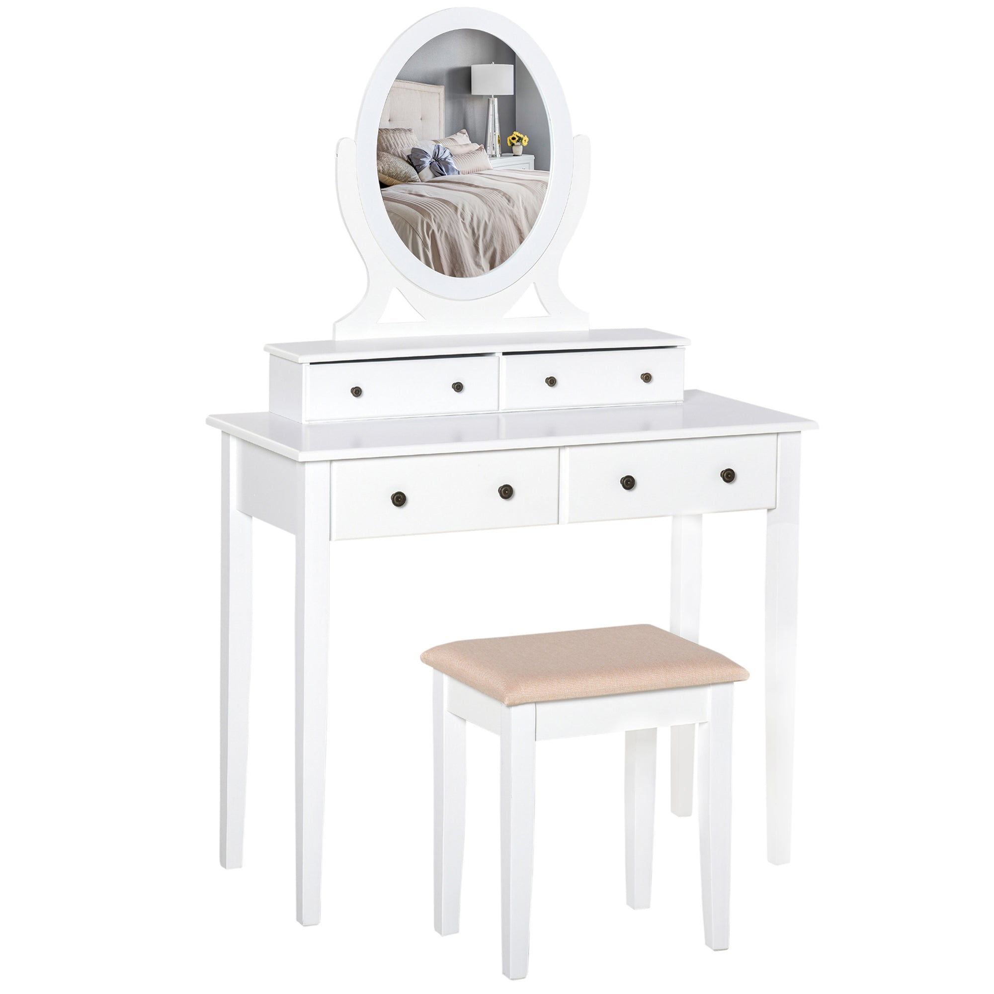 Vanity Dressing Table with 360° Rotating Mirror and Cushioned Stool, Makeup Desk Dresser with 4 Drawers, White Dressing & Vanity Tables White  at Gallery Canada