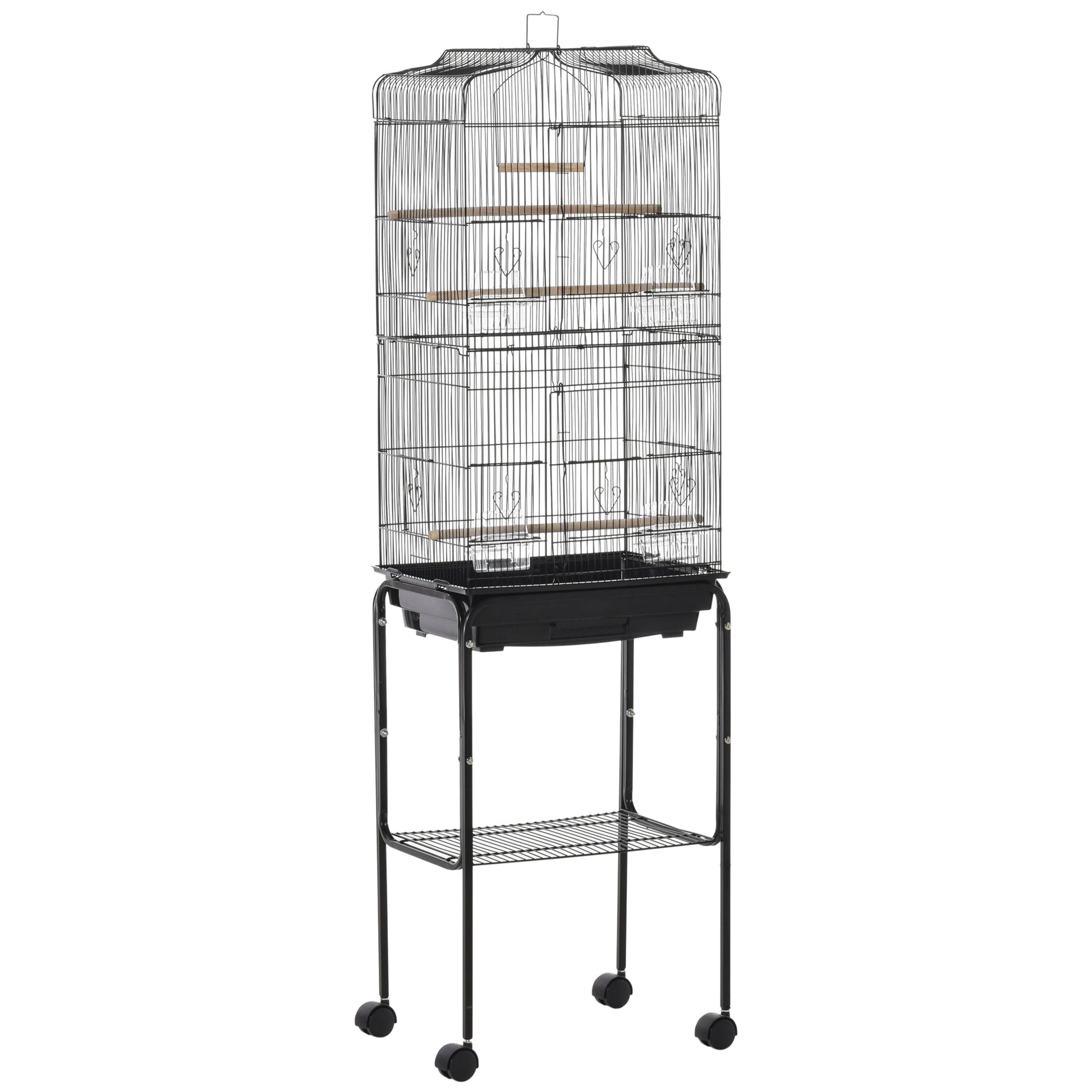 62" Rolling Bird Cage Cockatoo House Play Top Finch Pet Supply with Storage Shelf, Wheels - Black Bird Cages Black  at Gallery Canada