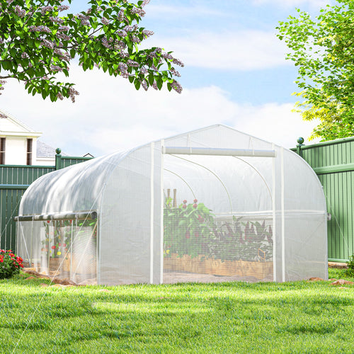 19.5' x 10' x 6.6' Tunnel Greenhouse Outdoor Green House with Roll-up Mesh Sidewalls, Mesh Door, Galvanized Steel, White