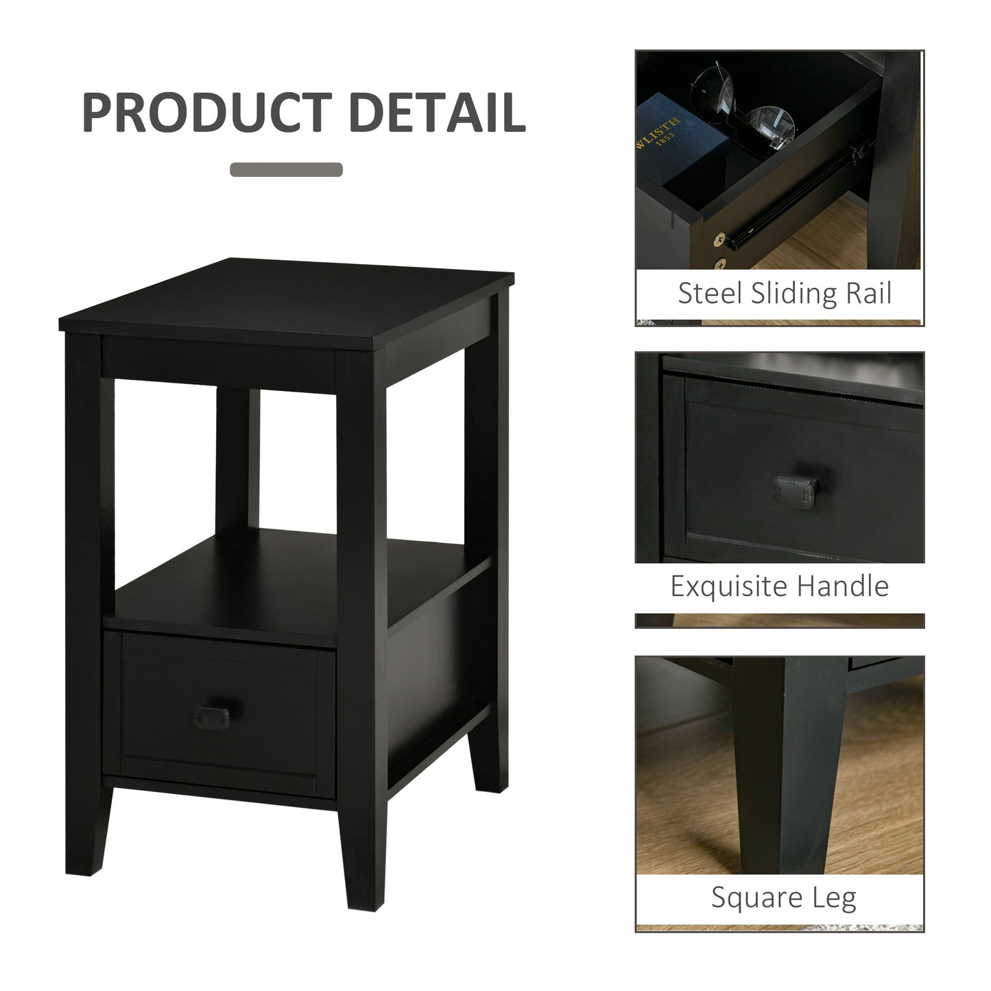 Side Table, Modern Coffee End Table with Drawer and Shelf, Nightstand for Bedroom, Living Room, Black Side Tables   at Gallery Canada