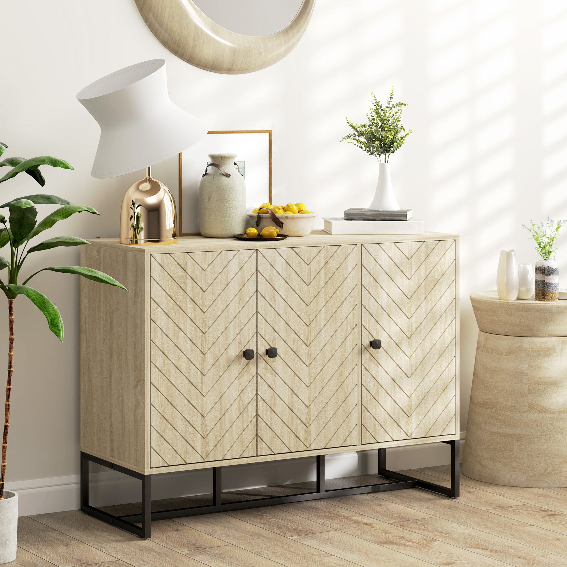 Modern Sideboard, Buffet Cabinet with Adjustable Shelves, 3 Chevron Doors for Living Room, Hallway, Oak Wood Grain Storage Cabinets Oak Wood Grain at Gallery Canada