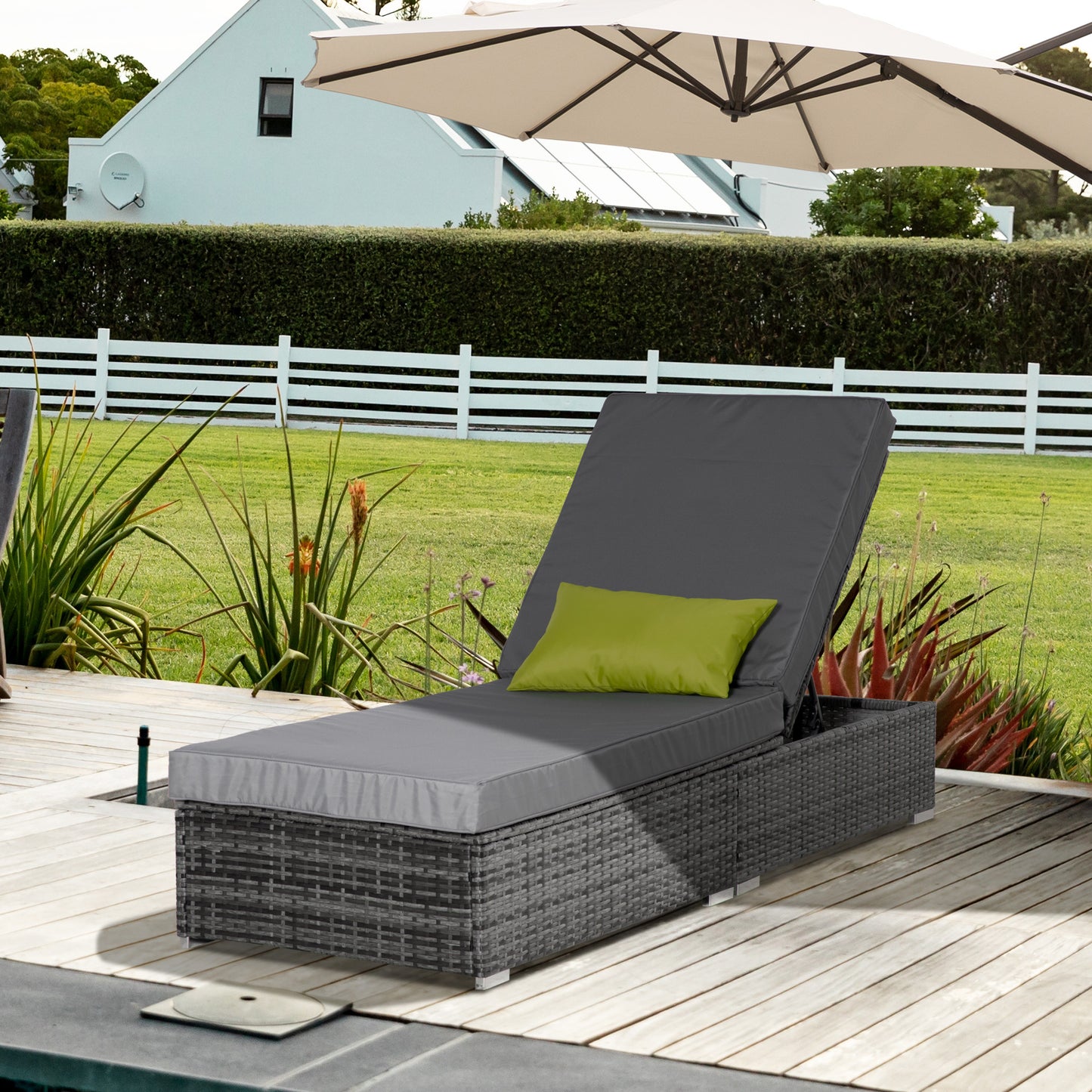 Adjustable Patio Wicker Lounger with Cushion & Pillow, Aluminum Frame, Grey Chaise Loungers   at Gallery Canada