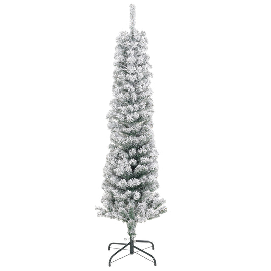 5ft Flocked Christmas Tree, Pencil Christmas Tree with Realistic Branch Tips, Folding Metal Stand, Green Pencil Christmas Trees   at Gallery Canada