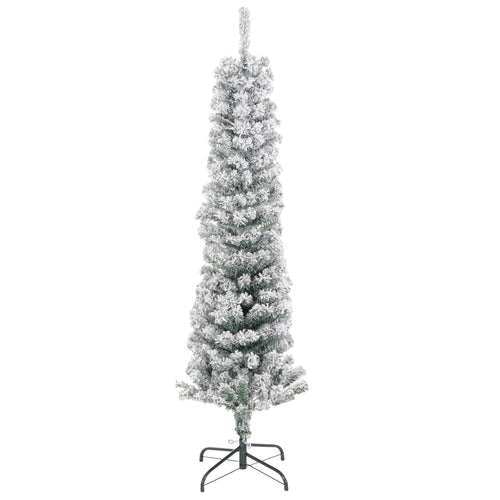 5ft Flocked Christmas Tree, Pencil Christmas Tree with Realistic Branch Tips, Folding Metal Stand, Green