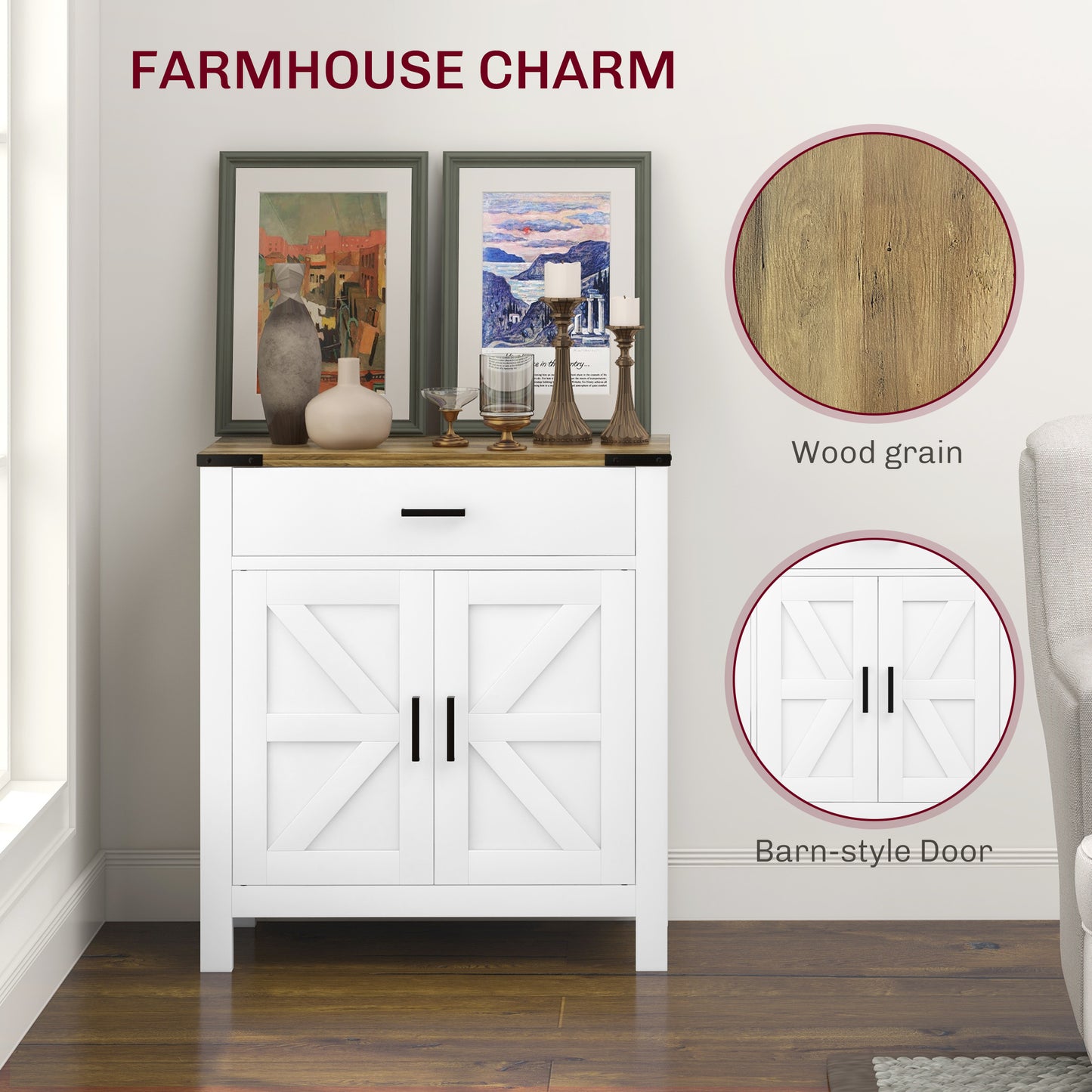 Farmhouse Buffet Cabinet Sideboard with 1 Drawer, 1 Storage Cabinet and Adjustable Shelf, White Bar Cabinets   at Gallery Canada