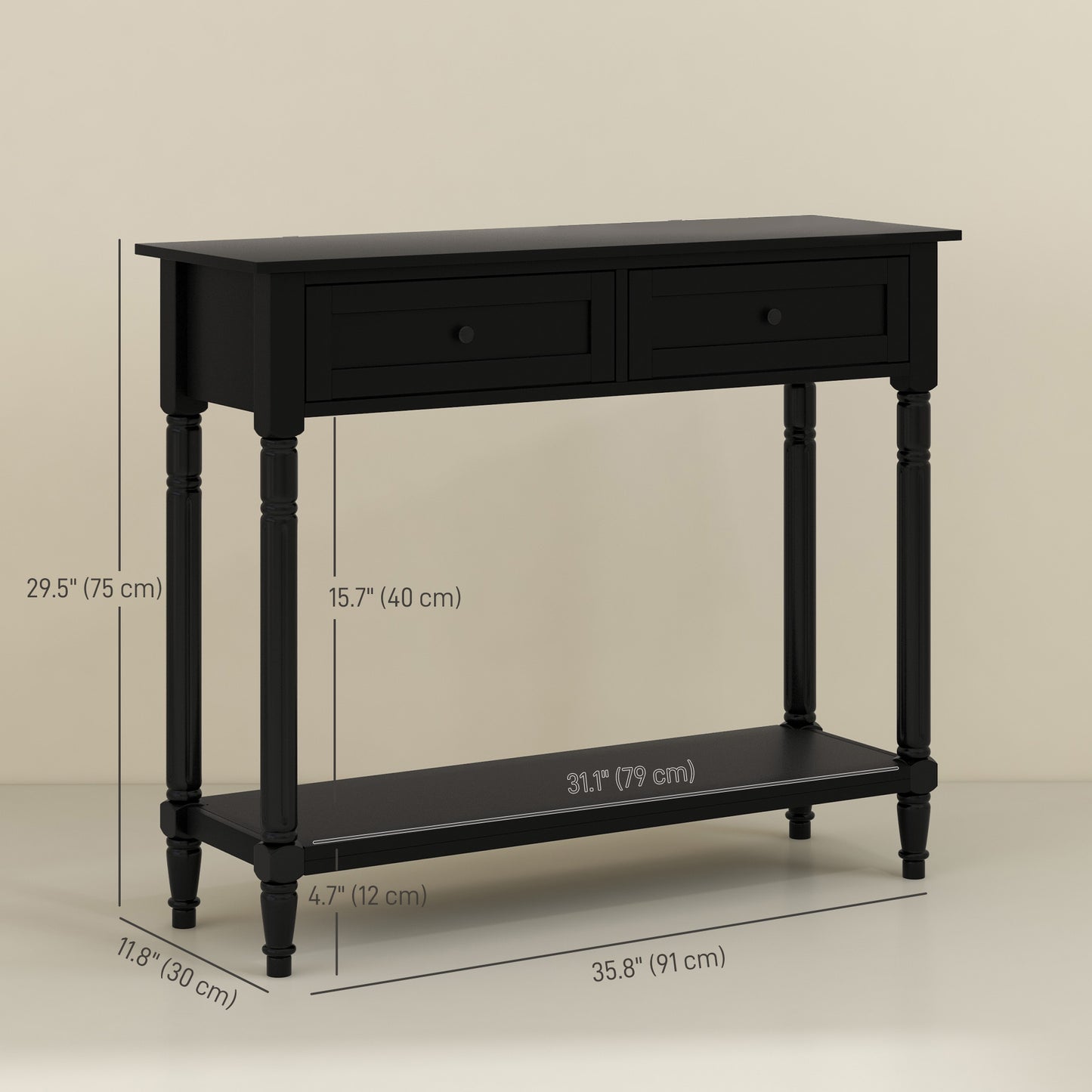 Hallway Console Table, Modern Entryway Table with 2 Drawers, Storage Shelf, Turned Legs for Living Room, Bedroom, Black Console Tables   at Gallery Canada