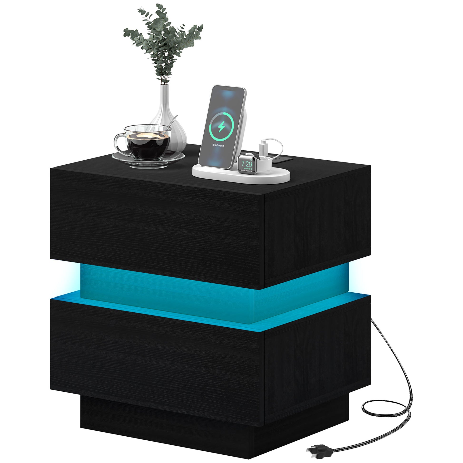 Bedside Table with Charging Station and LED Light Modern Nightstand with USB Ports AC Outlets Drawers Remote, Black Bedside Tables   at Gallery Canada