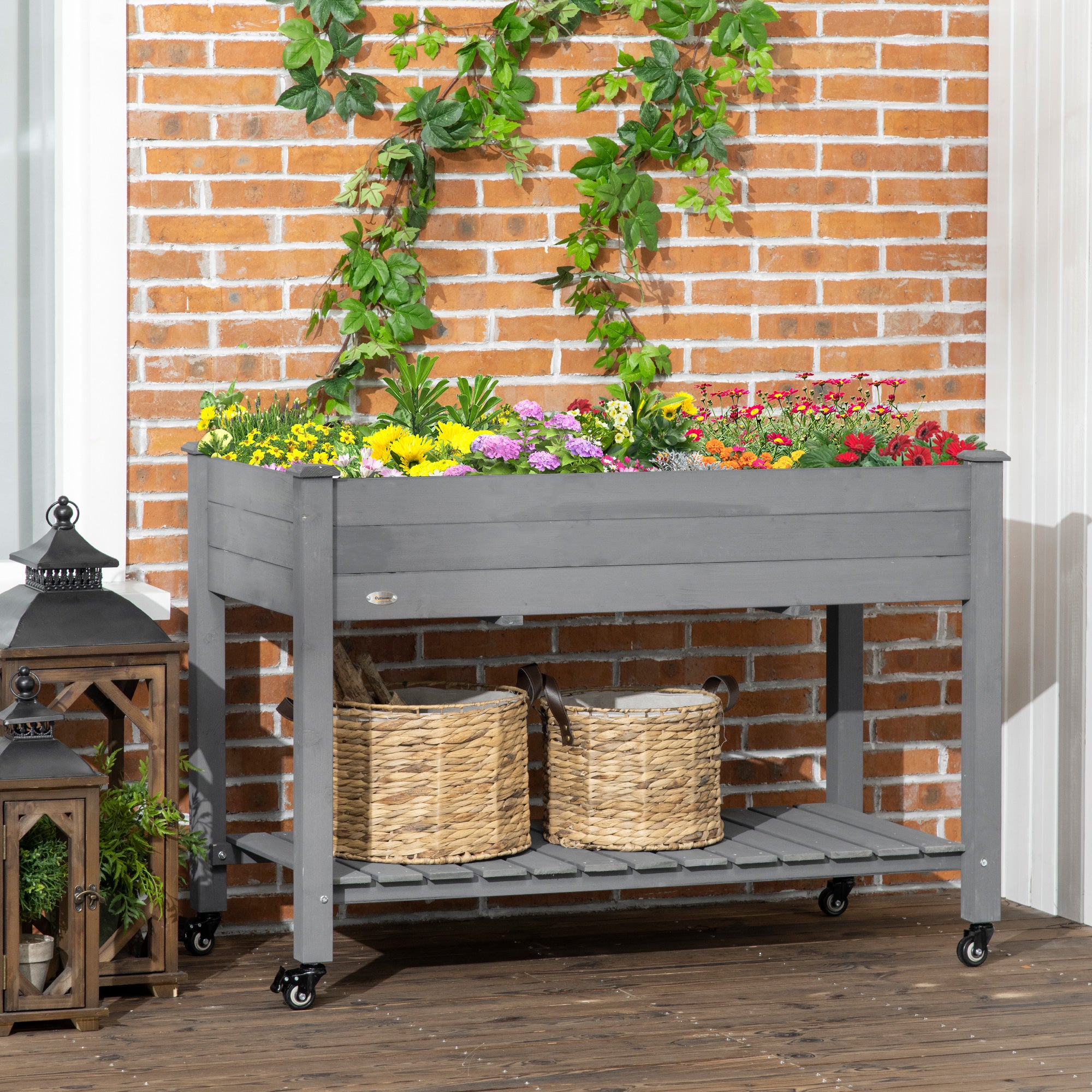 Mobile Raised Garden Bed Elevated Wood Planter Box w/ Lockable Wheels, Storage Shelf for Herbs Vegetables, Dark Grey Elevated Garden Beds at Gallery Canada