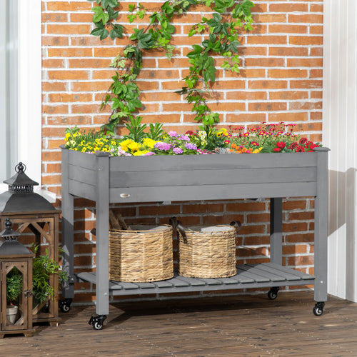 Mobile Raised Garden Bed Elevated Wood Planter Box w/ Lockable Wheels, Storage Shelf for Herbs Vegetables, Dark Grey