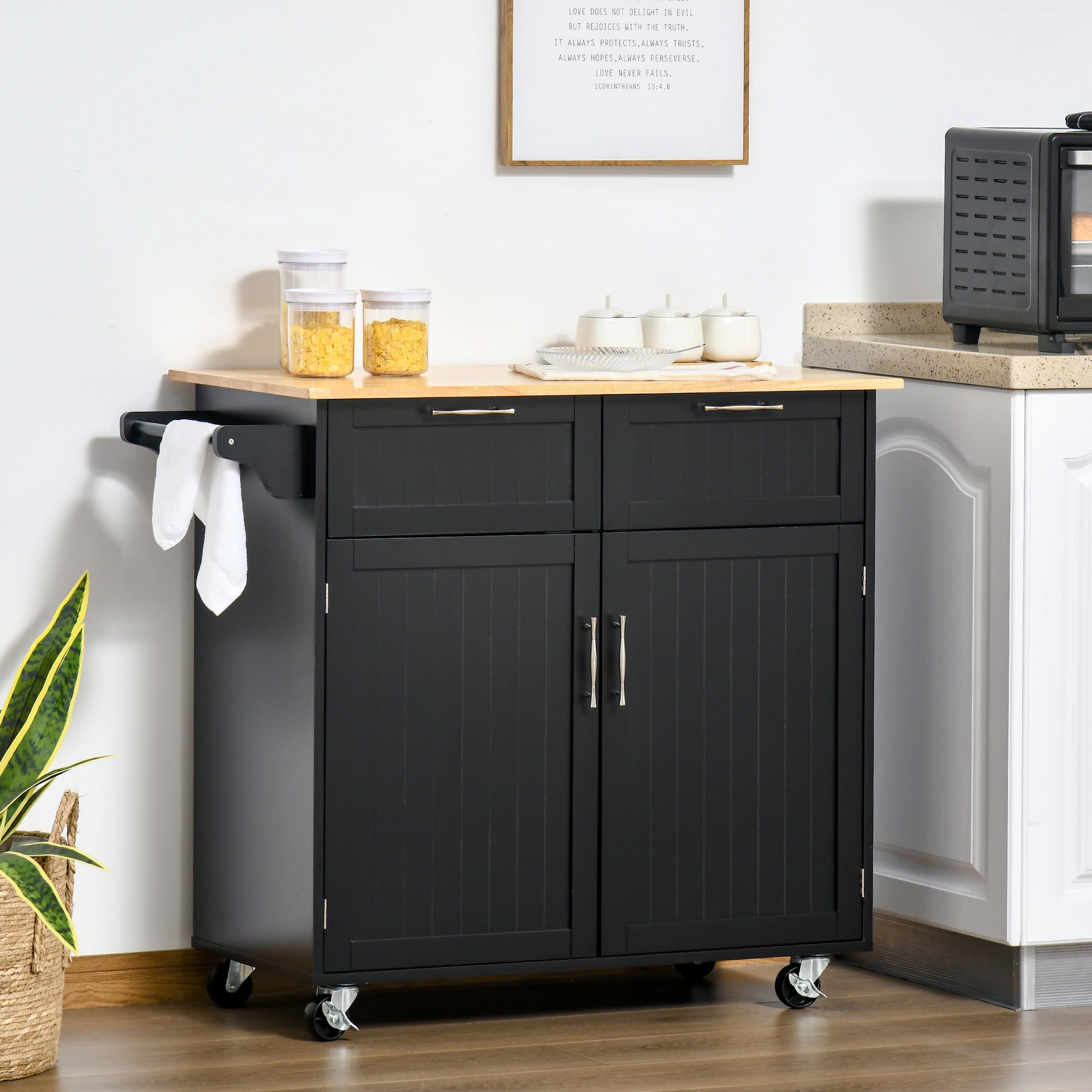 Rolling Kitchen Island, Kitchen Cart on Wheels with 2 Storage Drawers, 2 Door Cabinets and Towel Rack for Dining Room (Black, 2-Doors) Kitchen Islands & Kitchen Carts at Gallery Canada