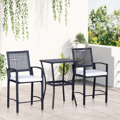 3 Pieces Outdoor Wicker Bar Set, Classic Bistro Bar Set Garden Rattan Style Patio Bar Table &; High Chairs w/ Cushions Home Bar Furniture, Cream White