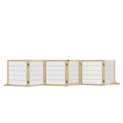 Wooden Pet Gate, Dog Safety Barrier, Freestanding Foldable Fence, w/ 6 Panels, 2 Support Feet, for House Doorway Stairs, Small &; Medium Dogs, Natural Wood