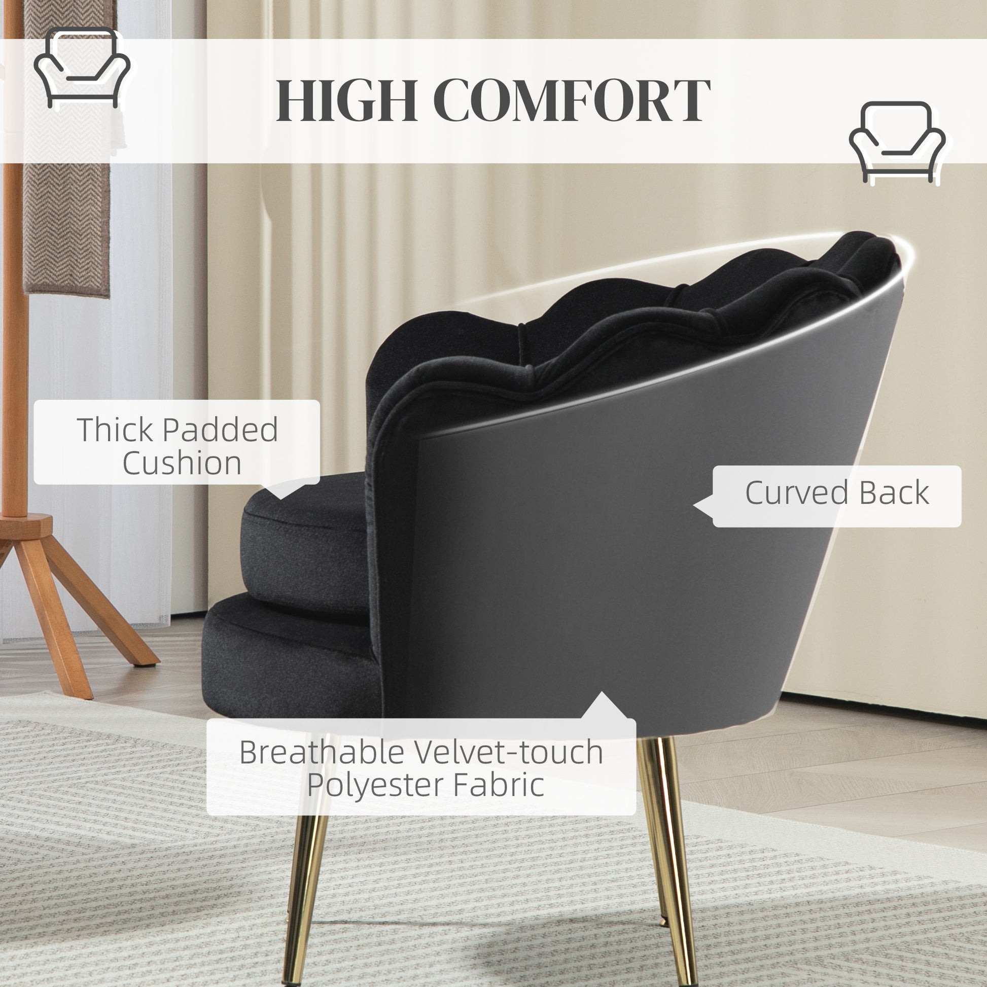 Modern Accent Chair, Velvet-Touch Fabric Leisure Club Chair with Gold Metal Legs for Bedroom, Black Accent Chairs at Gallery Canada