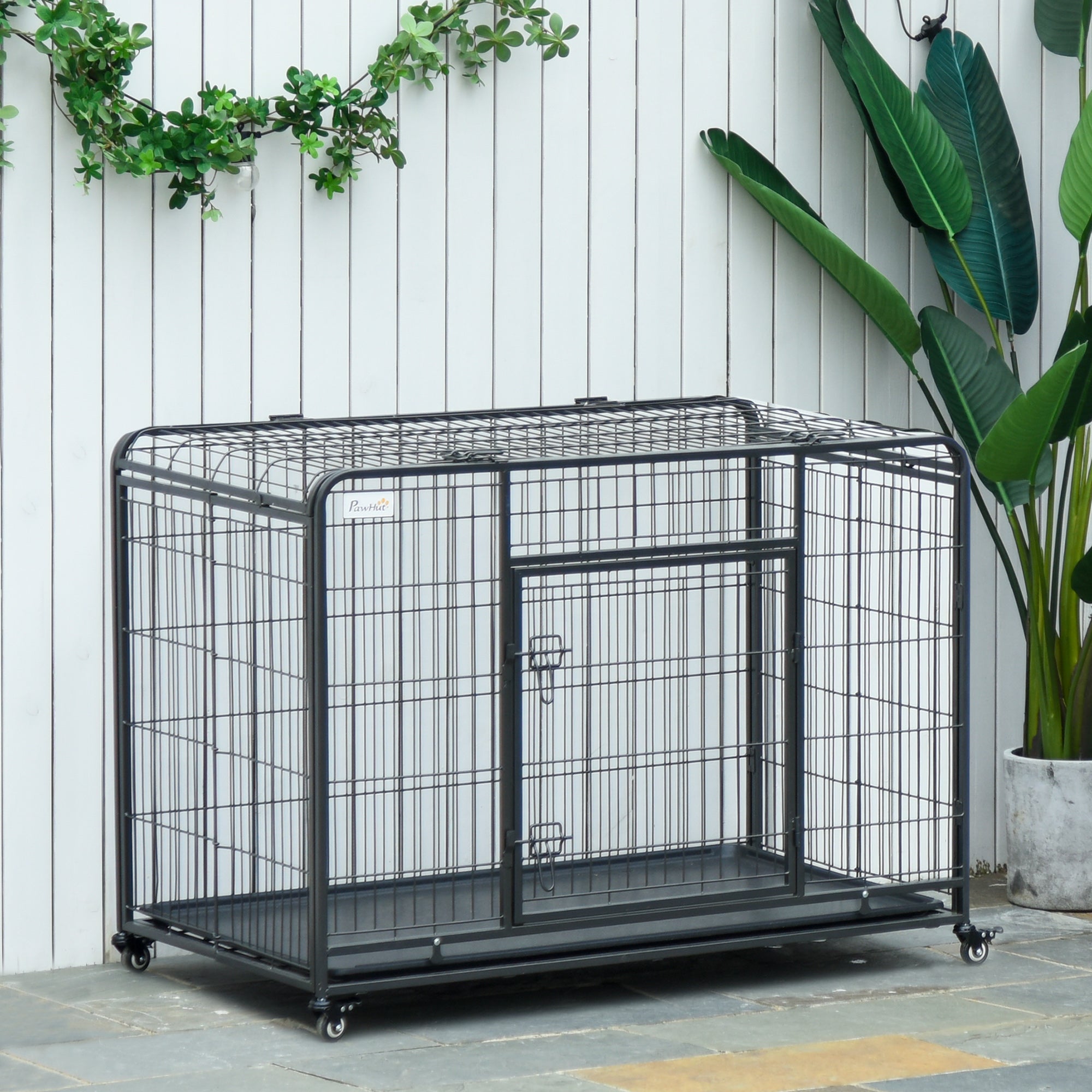 Folding Heavy Duty Dog Crate Heavy Duty Cage for Medium Sized Dogs with Double Doors, Lockable Wheels Tray, 37