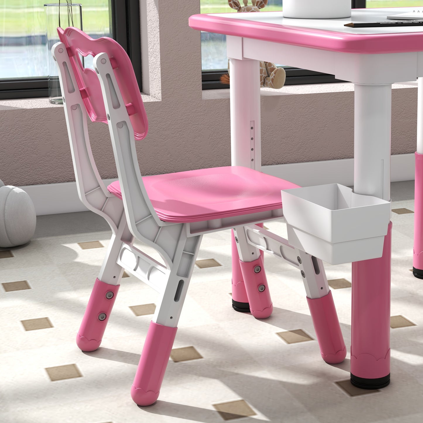 3 Pieces Toddler Table and Chair Set, Height Adjustable Kids Table and Chair Set w/ Storage, for Playroom Pink Kids Table Sets   at Gallery Canada