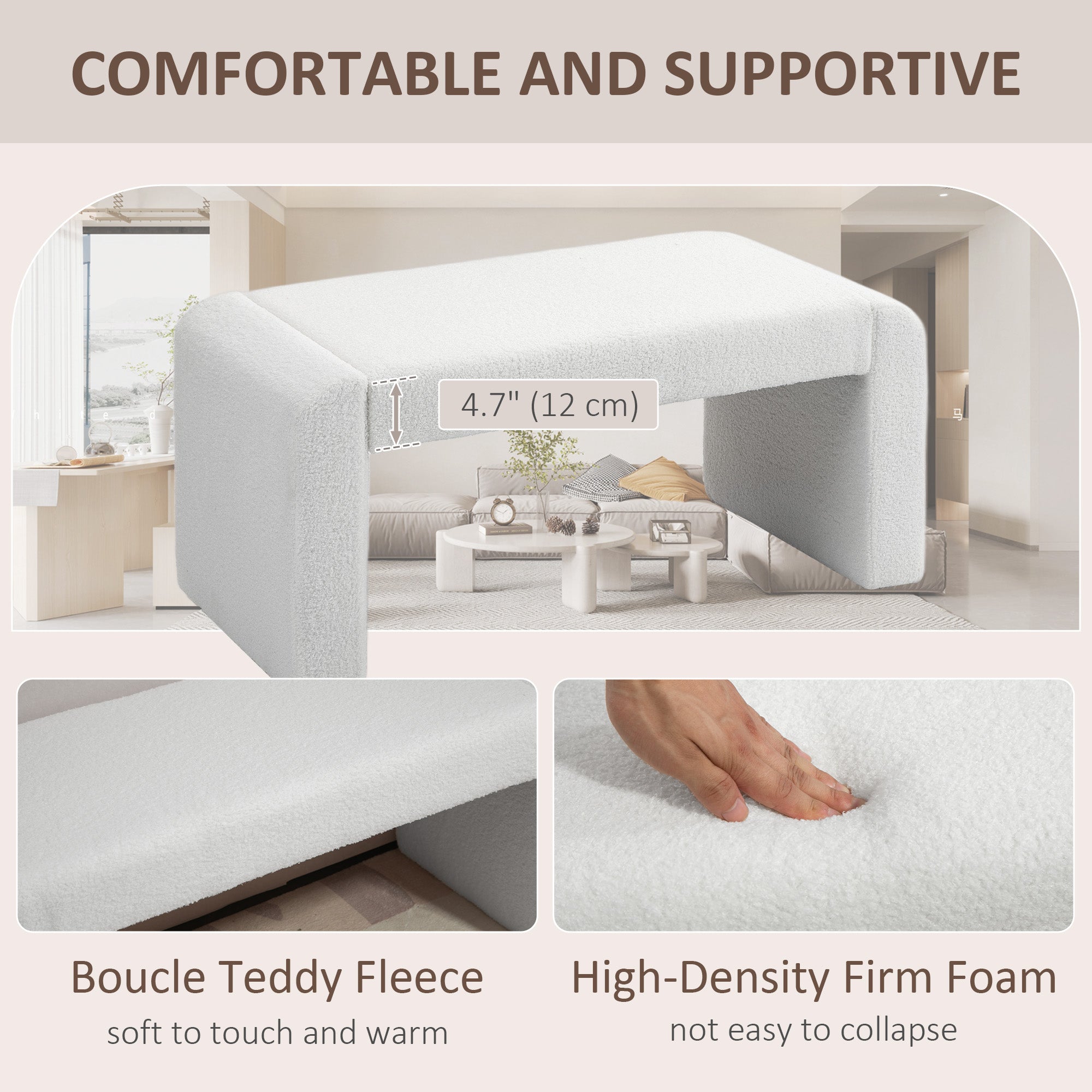 Upholstered Bedroom Bench, Boucle End of Bed Bench, Modern U-Shaped Entryway Bench, 39 x 18 x 18 Inches, White Storage Ottomans & Benches at Gallery Canada