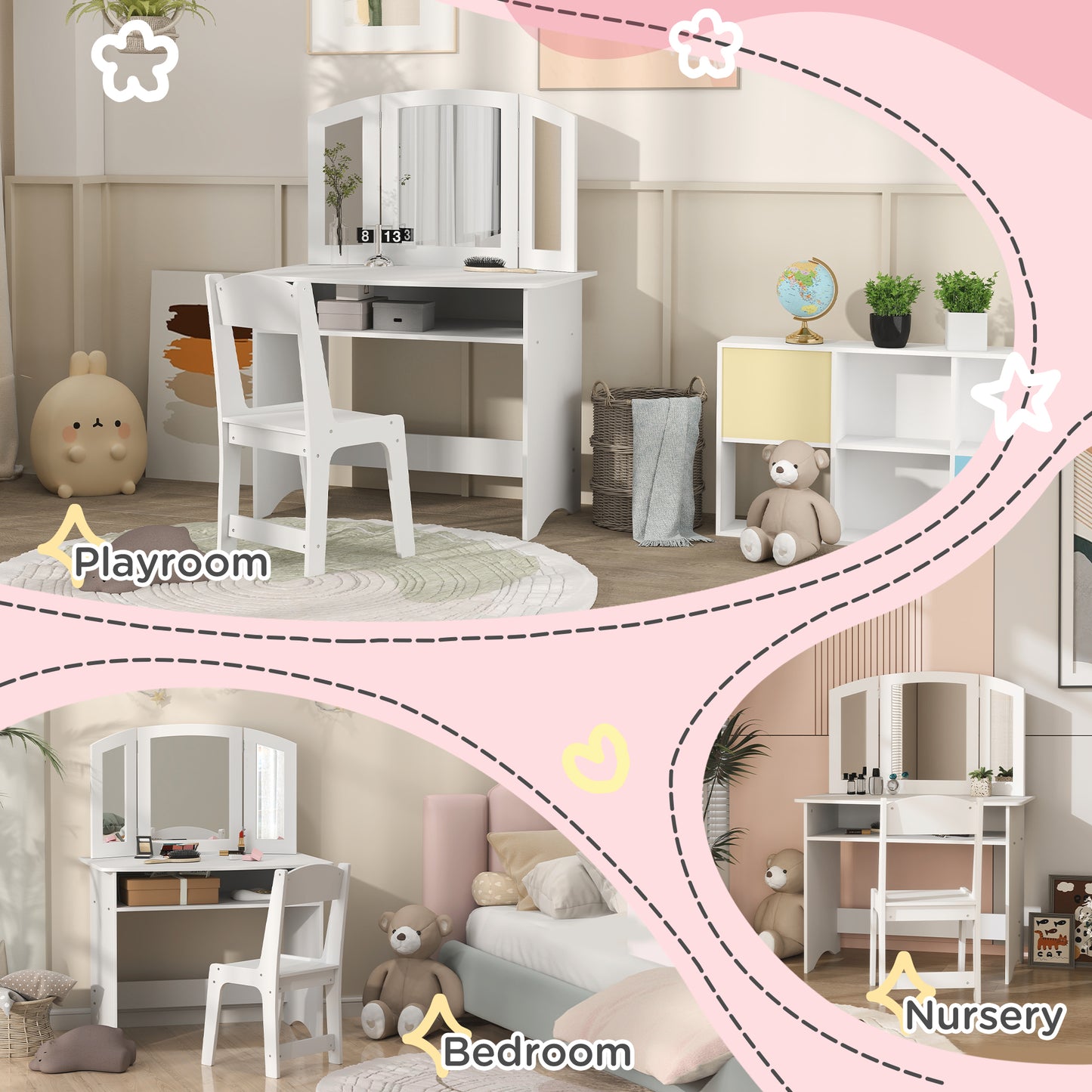 2 in 1 Kids Vanity Set Makeup Dressing Table Pretend Play Set with Tri-Folding Mirror, Stool, Storage Shelf Toy Vanity   at Gallery Canada