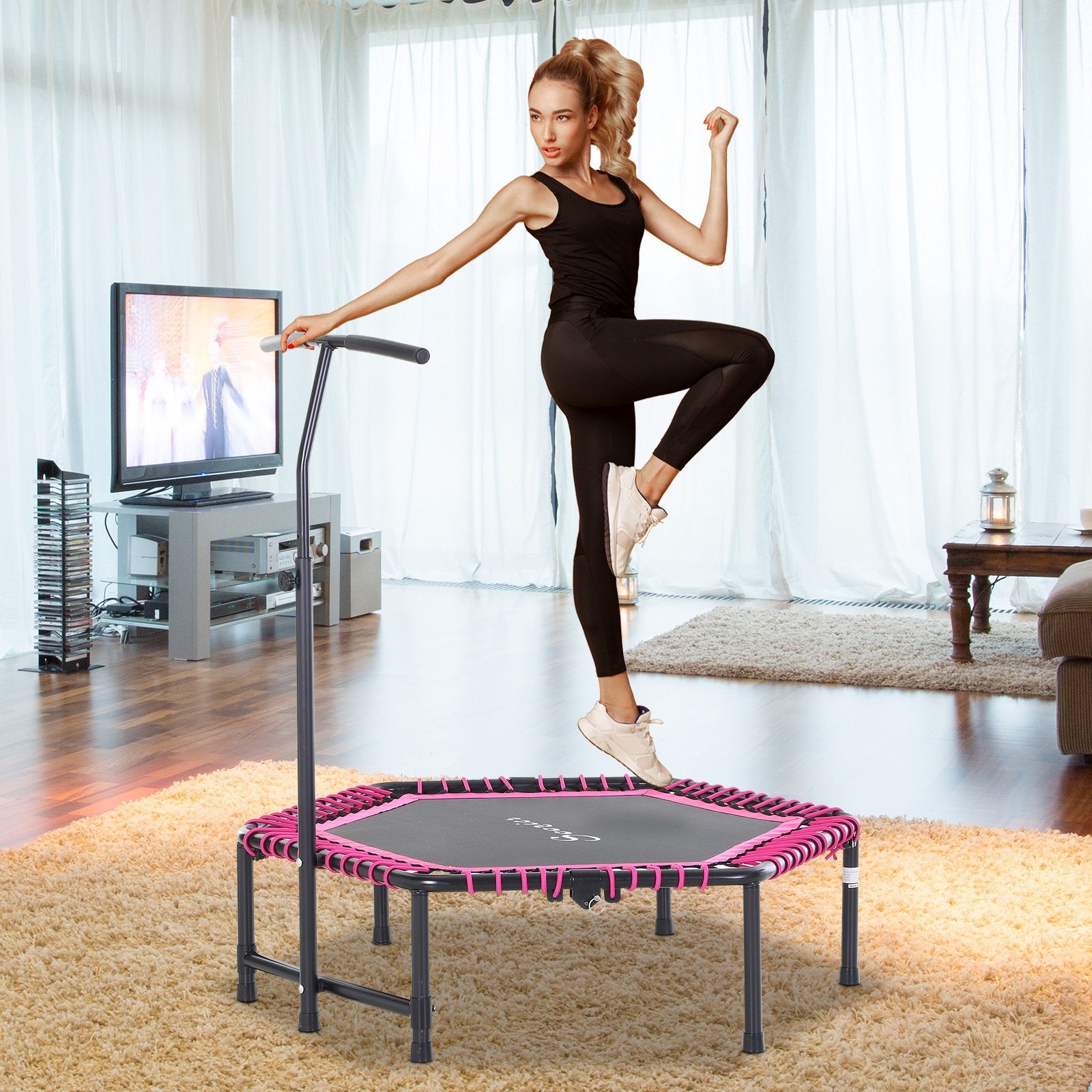 48" Adult Hexagon Rebounder Trampoline Fitness Bungee Jumping Cardio Trainer Outdoor Bouncer Jumper Adjustable Bar Pink Trampolines   at Gallery Canada