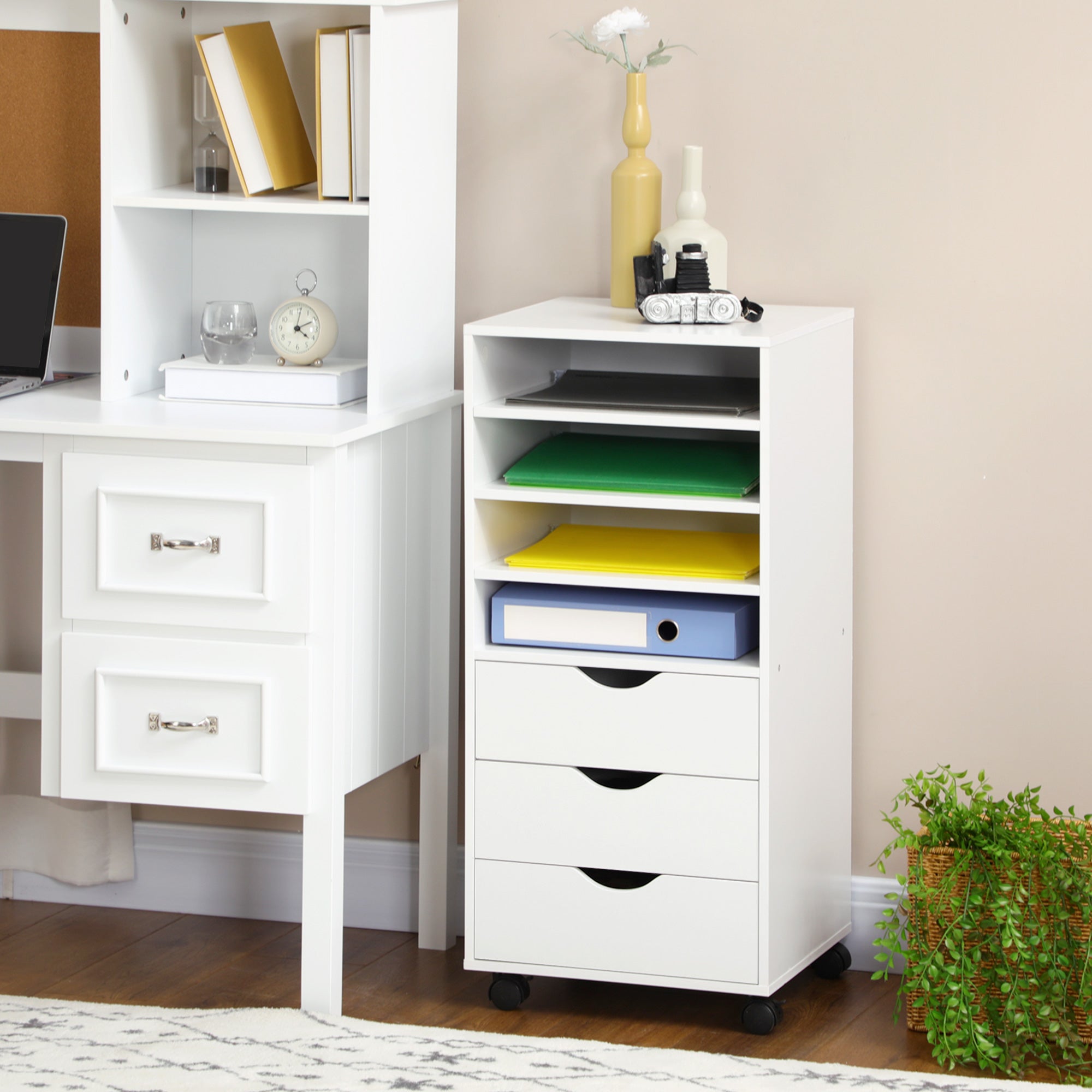 Vertical Filing Cabinet, Mobile File Cabinet on Wheels with 3 Drawers and 4 Open Shelves for Home Office, White Office Cabinets & Cupboards   at Gallery Canada