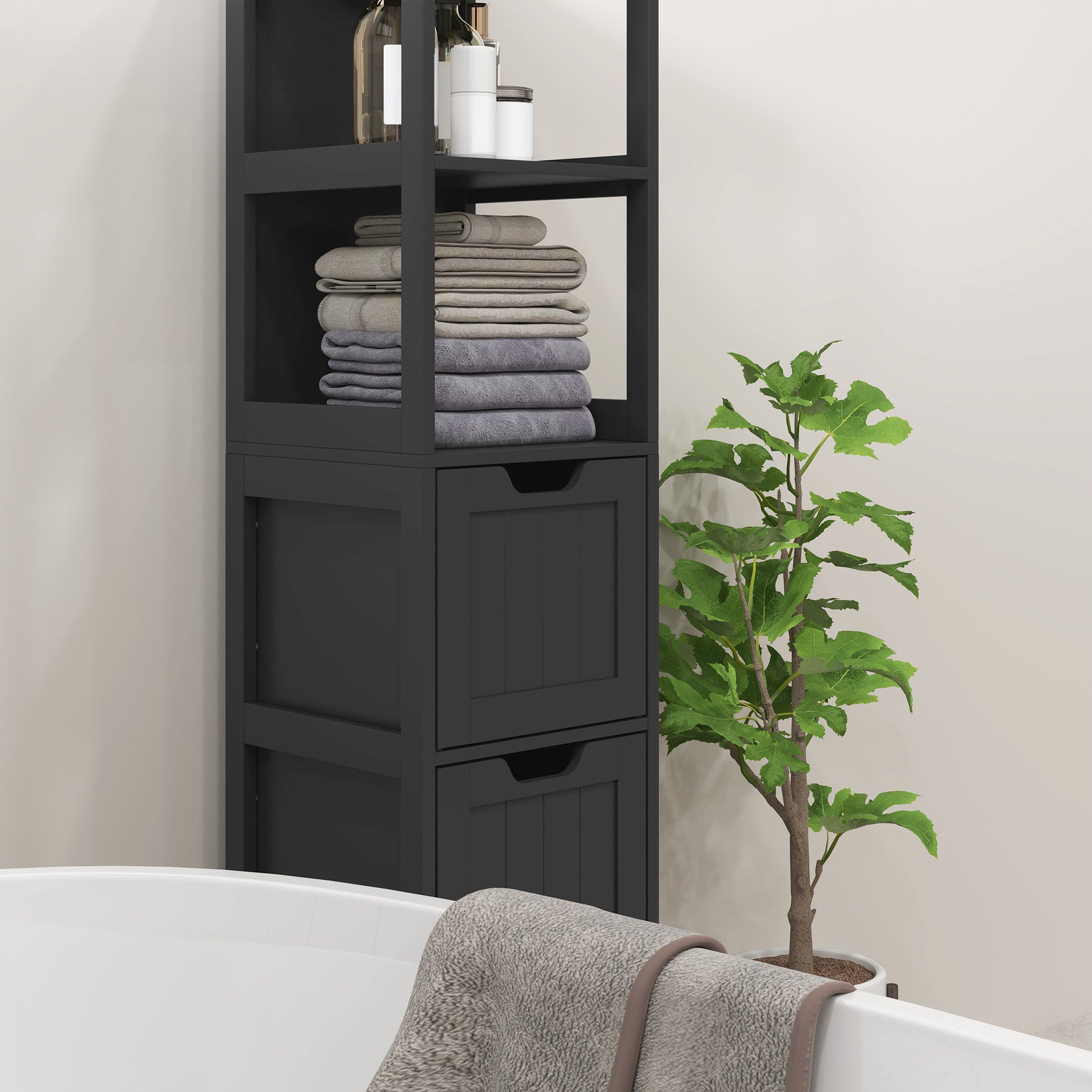 Narrow Bathroom Cabinet with 3 Drawers and 2 Tier Shelf, Tall Cupboard Freestanding Linen Tower, Black Bathroom Cabinets   at Gallery Canada