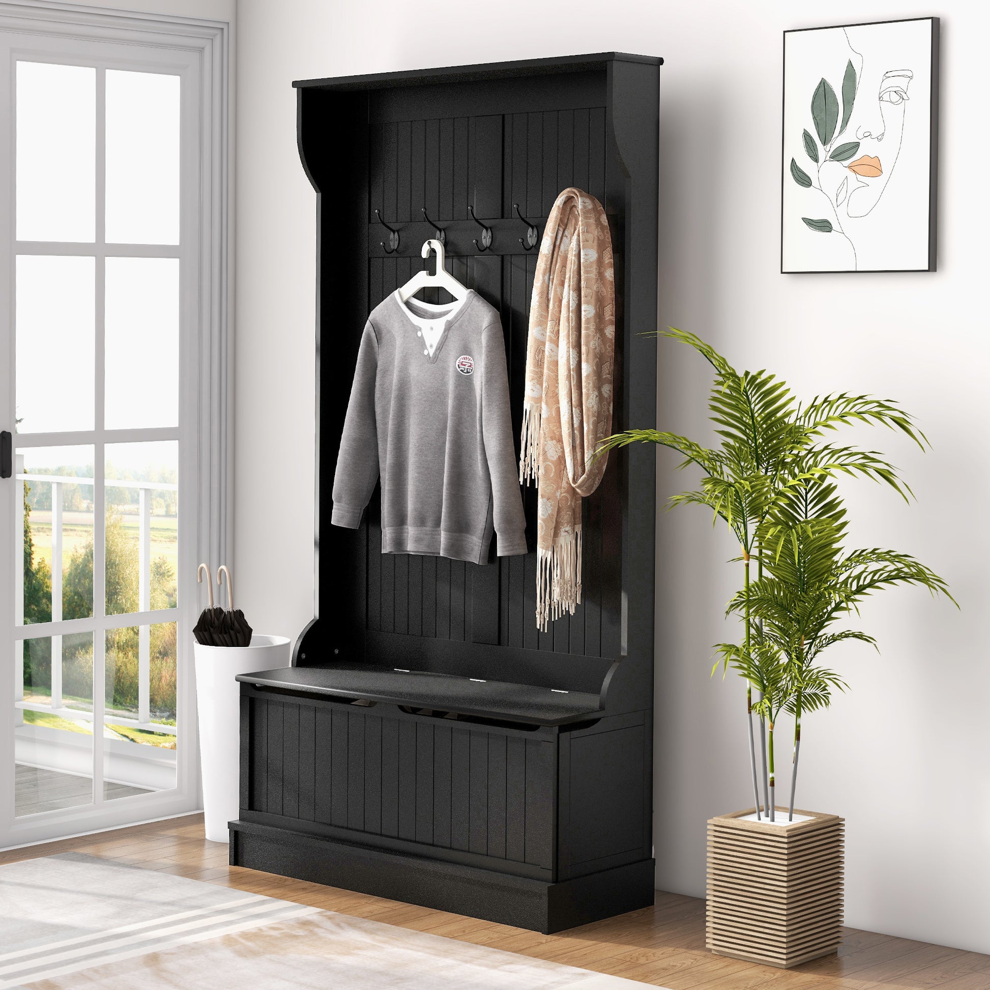 3-In-1 Hall Tree w/ Coat Rack, Shoe Storage and Bench Seat, Entryway Bench w/ 4 Hooks for Hallway, Living Room, Black Clothing Storage Black  at Gallery Canada