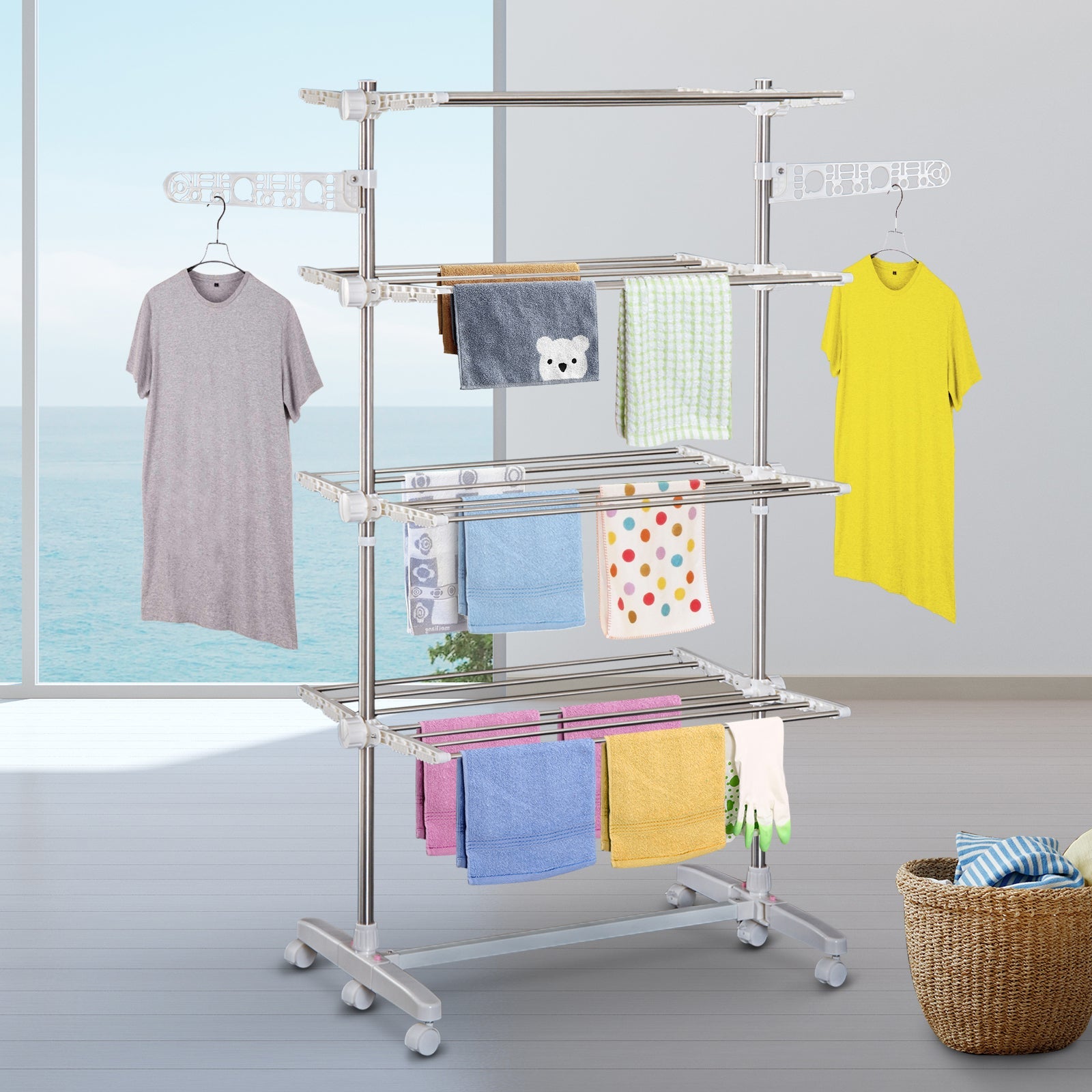 4 Layers Folding Clothes Hanger Stand Dryer Storage Towel Rack Rolling White Bath Accessories   at Gallery Canada