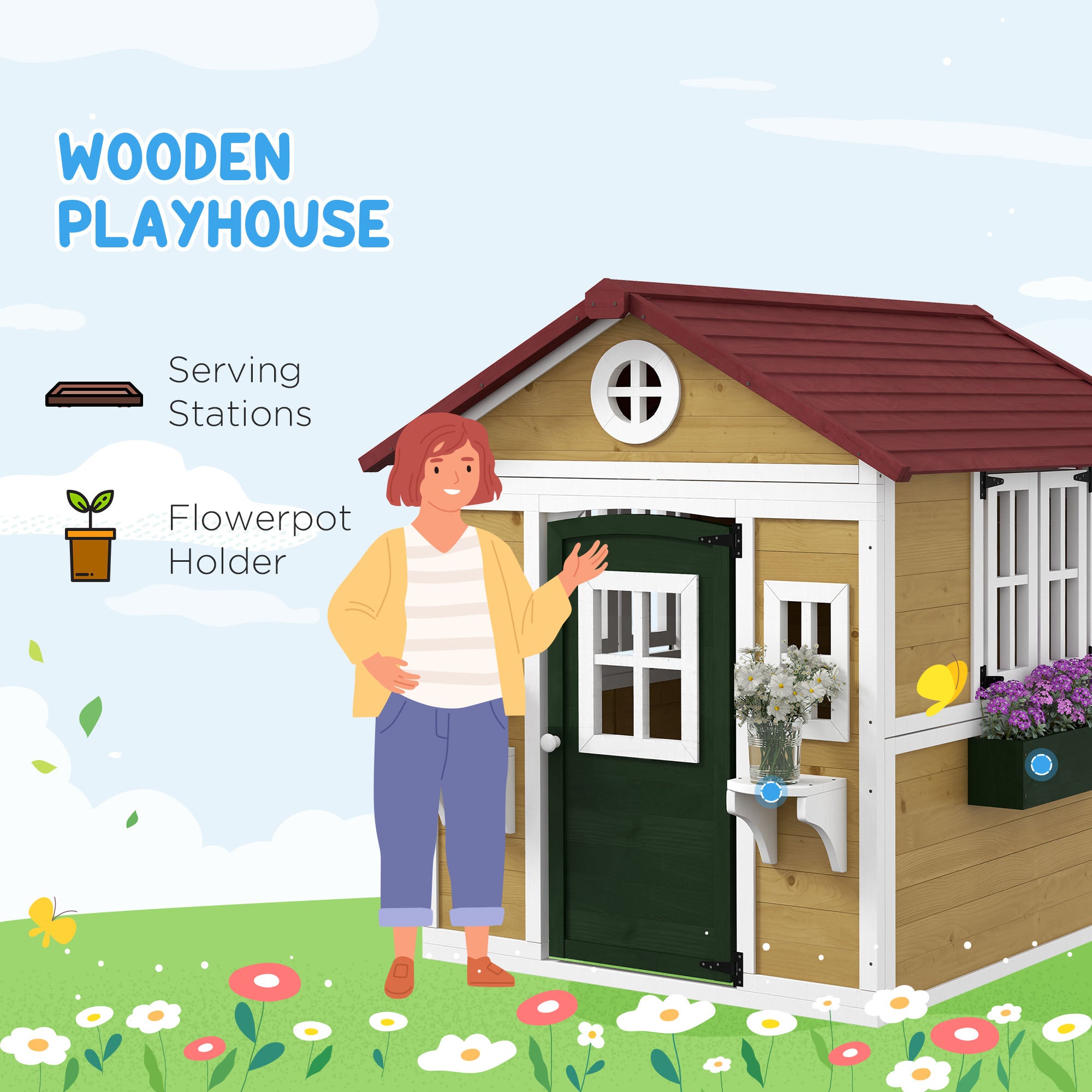 Wooden Playhouse for Kids Outdoor with Door, Windows, Planter Pots and Boxes for Toddlers 3-8 Years, Beige Play Houses at Gallery Canada
