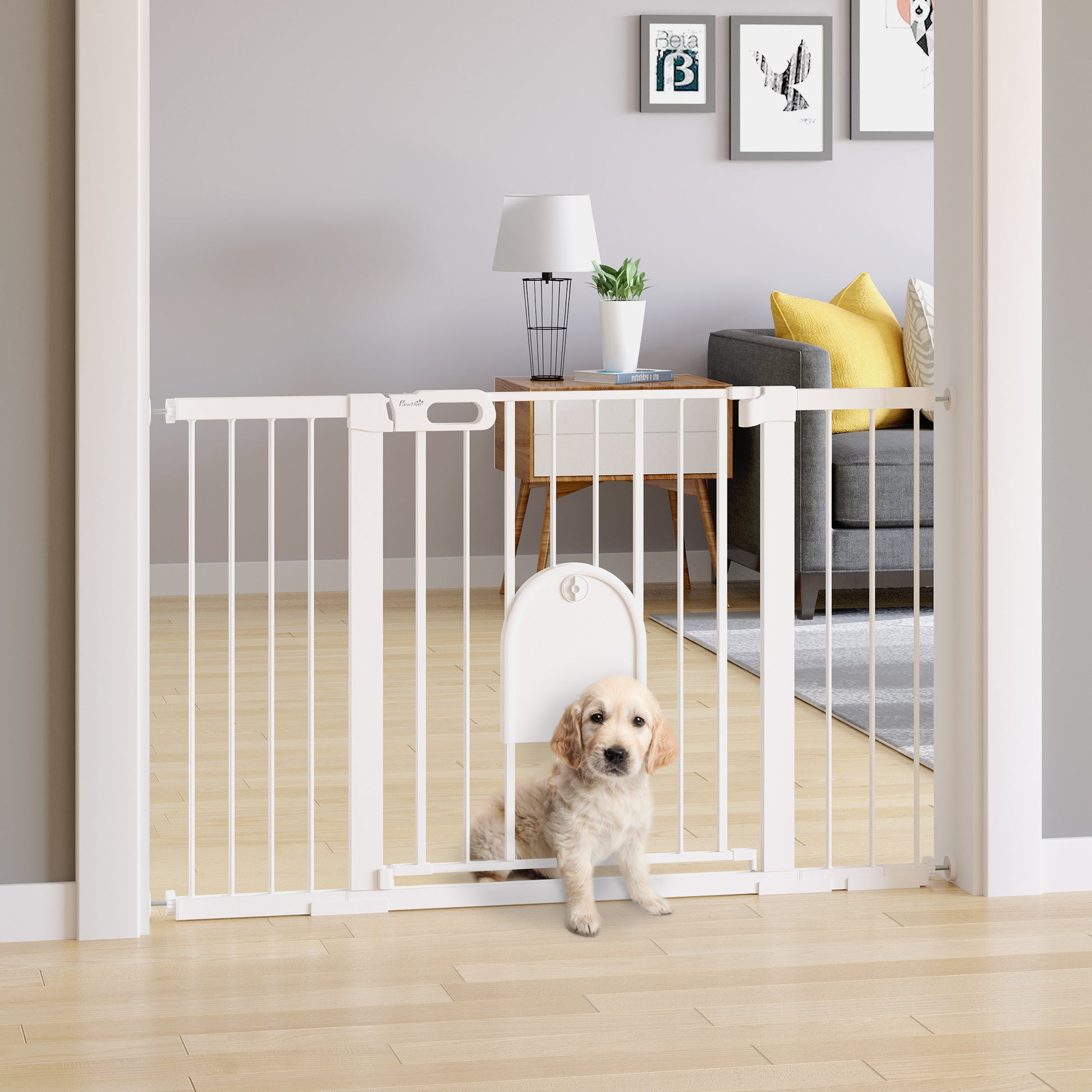 30"-52" Extra Wide Pet Gate Barrier with Small Door, White Houses, Kennels & Pens White  at Gallery Canada