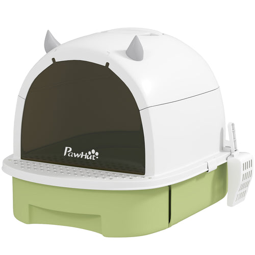 Cat Litter Box with Lid, Front Door Flap, Scoop, Handle, Easy Clean, for Small and Medium Cats, Green