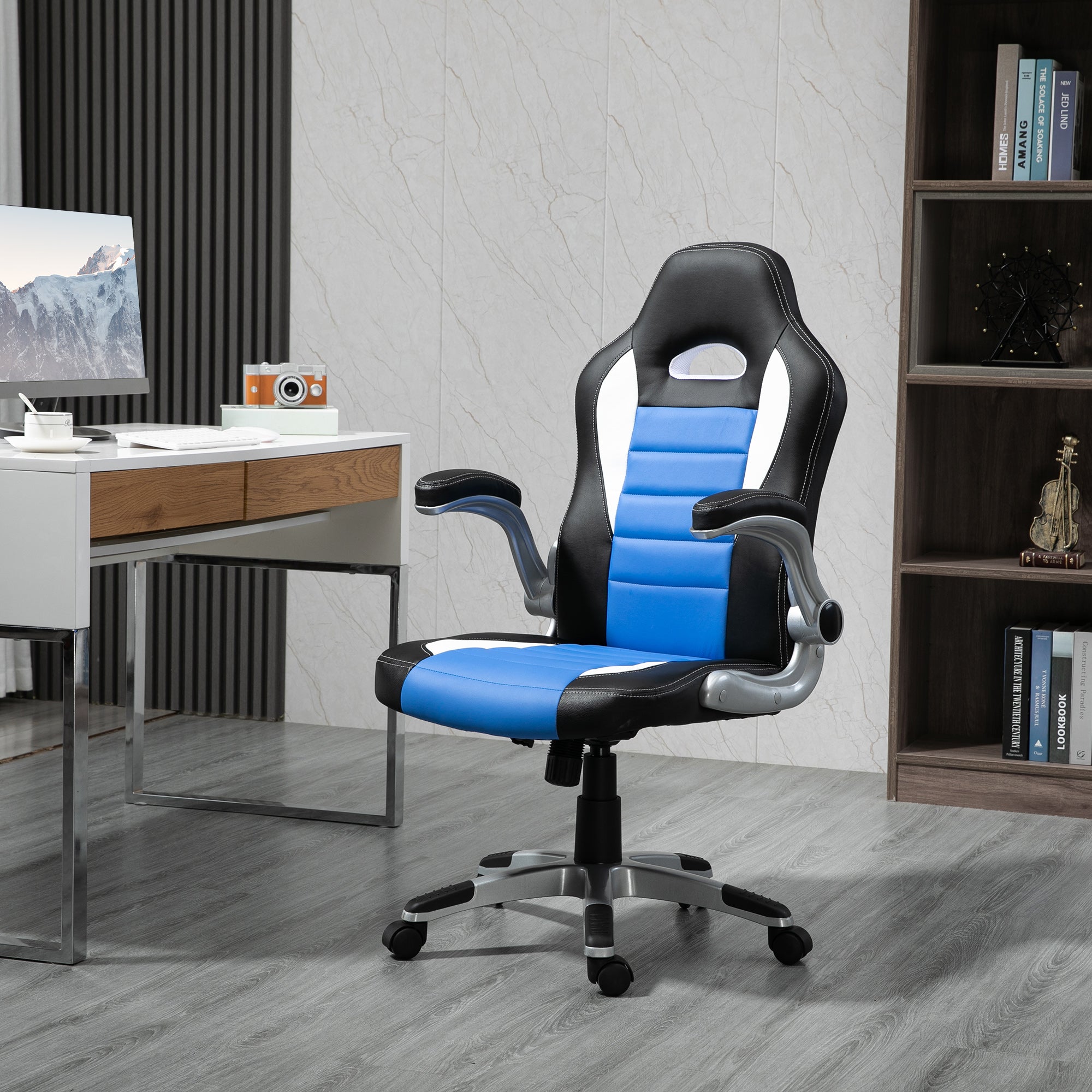 Racing Gaming Chair PU Leather Office Chair Executive Computer Desk Chair with Adjustable Height, Flip Up Armrest, Swivel Wheels, Blue Video Game Chairs   at Gallery Canada