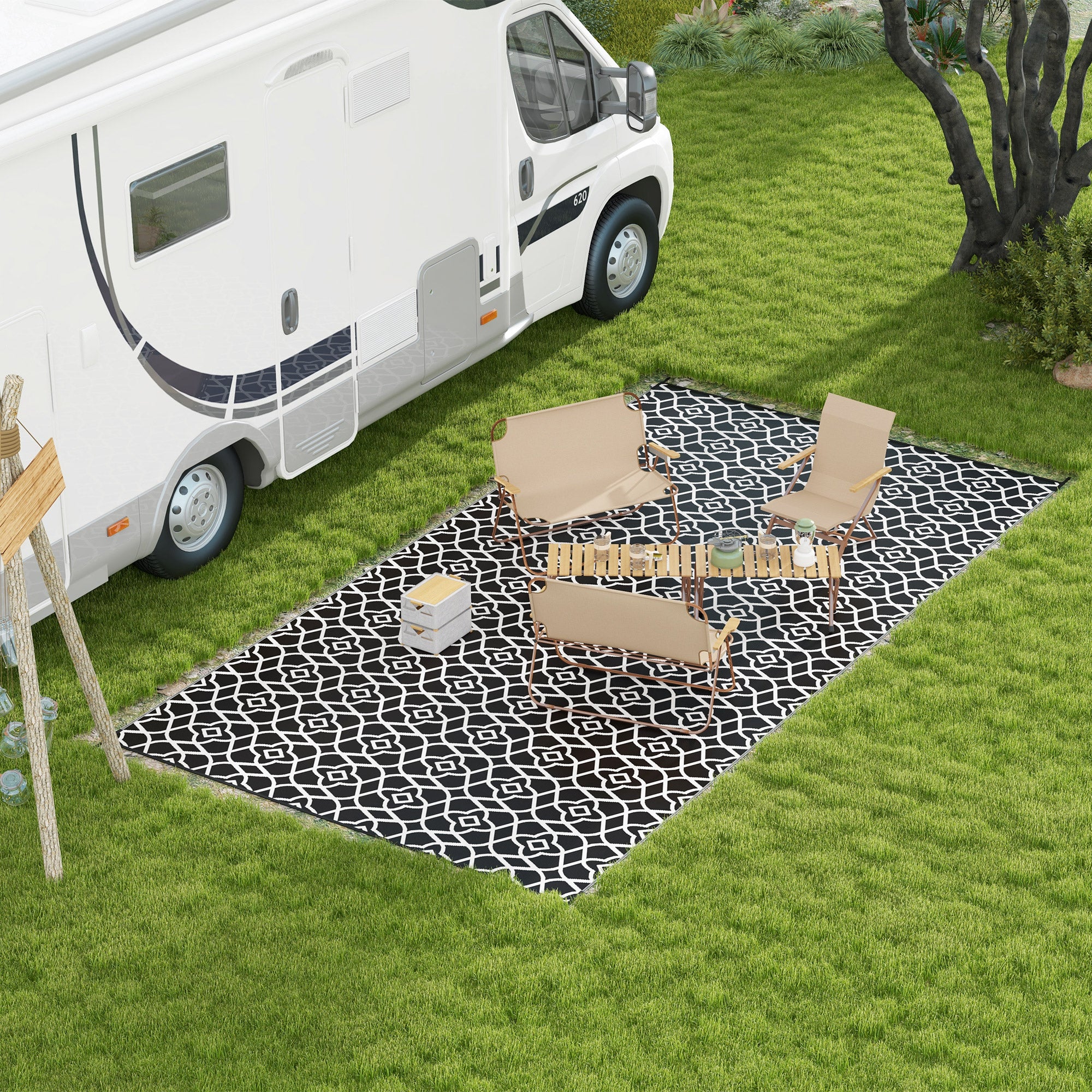 Reversible Outdoor Rug, Waterproof Plastic Straw RV Rug with Carry Bag, 9' x 18', Black and White Clover Outdoor Reversible Rugs at Gallery Canada
