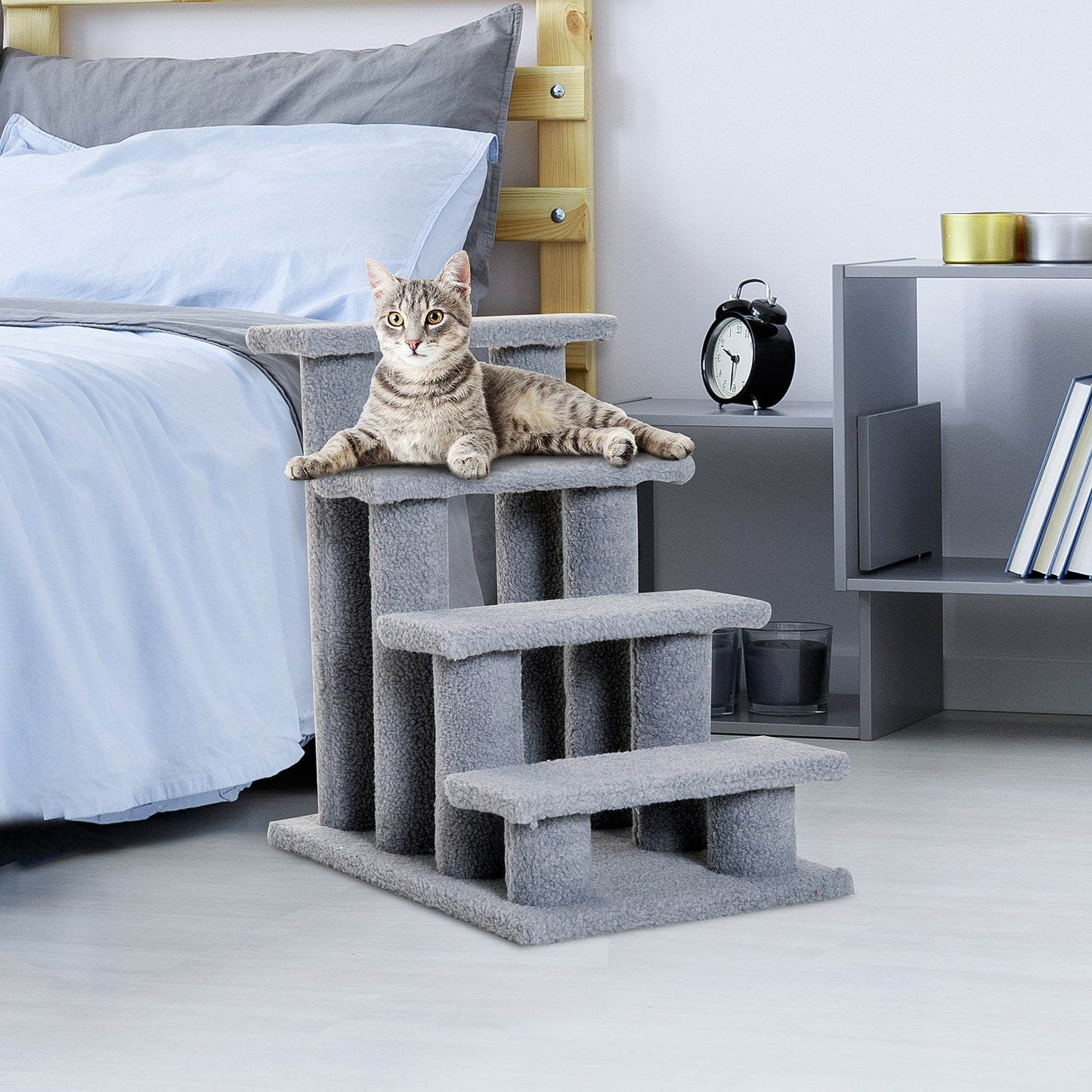 4-Step Multi-Level Carpeted Cat Scratching Post Pet Stairs, Grey Cat Stairs   at Gallery Canada