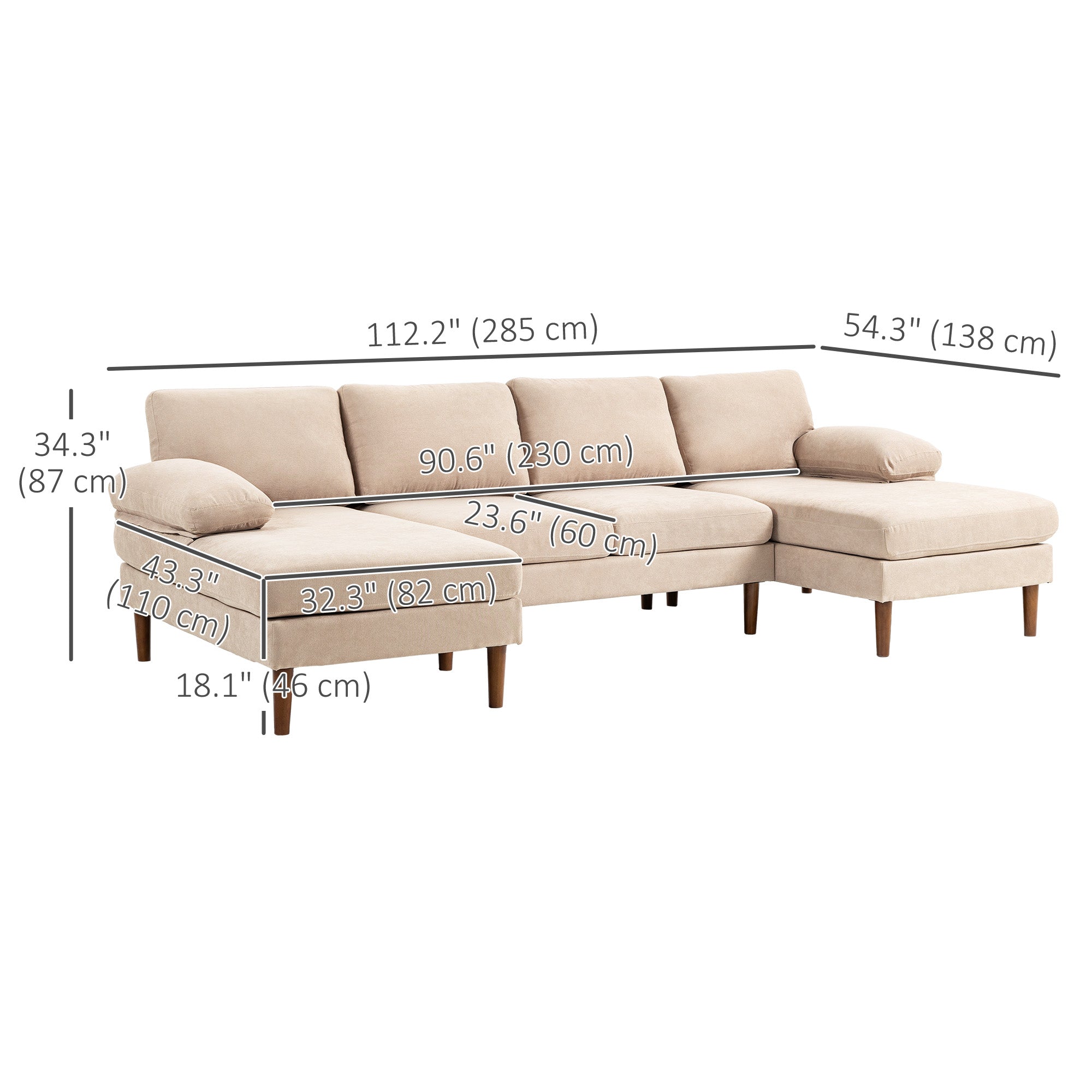 U Shape Couch with Double Chaise Lounge, Modern 4 Seater Sofa with Wooden Legs, Fabric Sofa for Living Room, Beige Sofas & Reclining Chairs at Gallery Canada