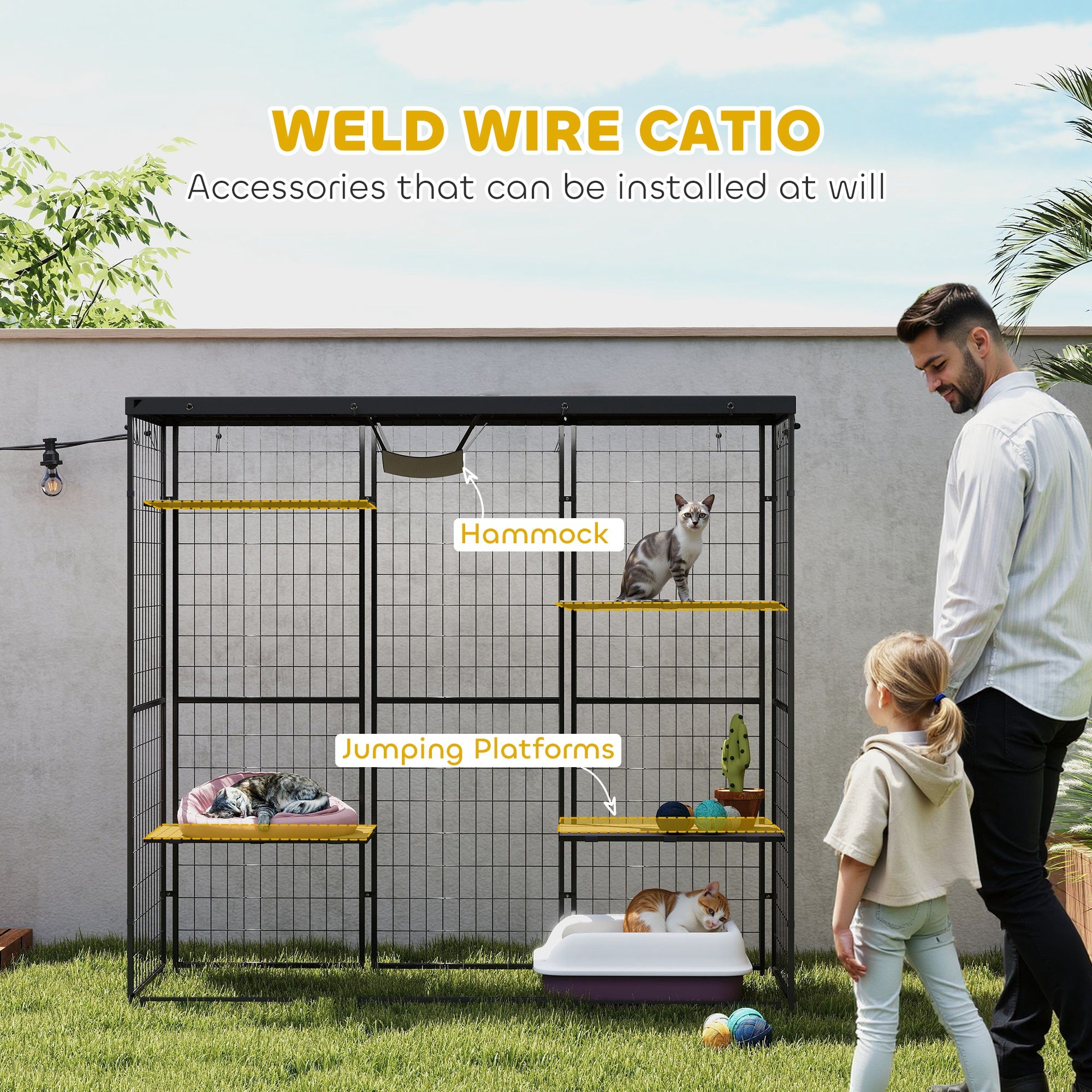 Weld Wire Catio Outdoor Indoor with Waterproof Cover, 4 Jumping Platforms, Hammock, 69