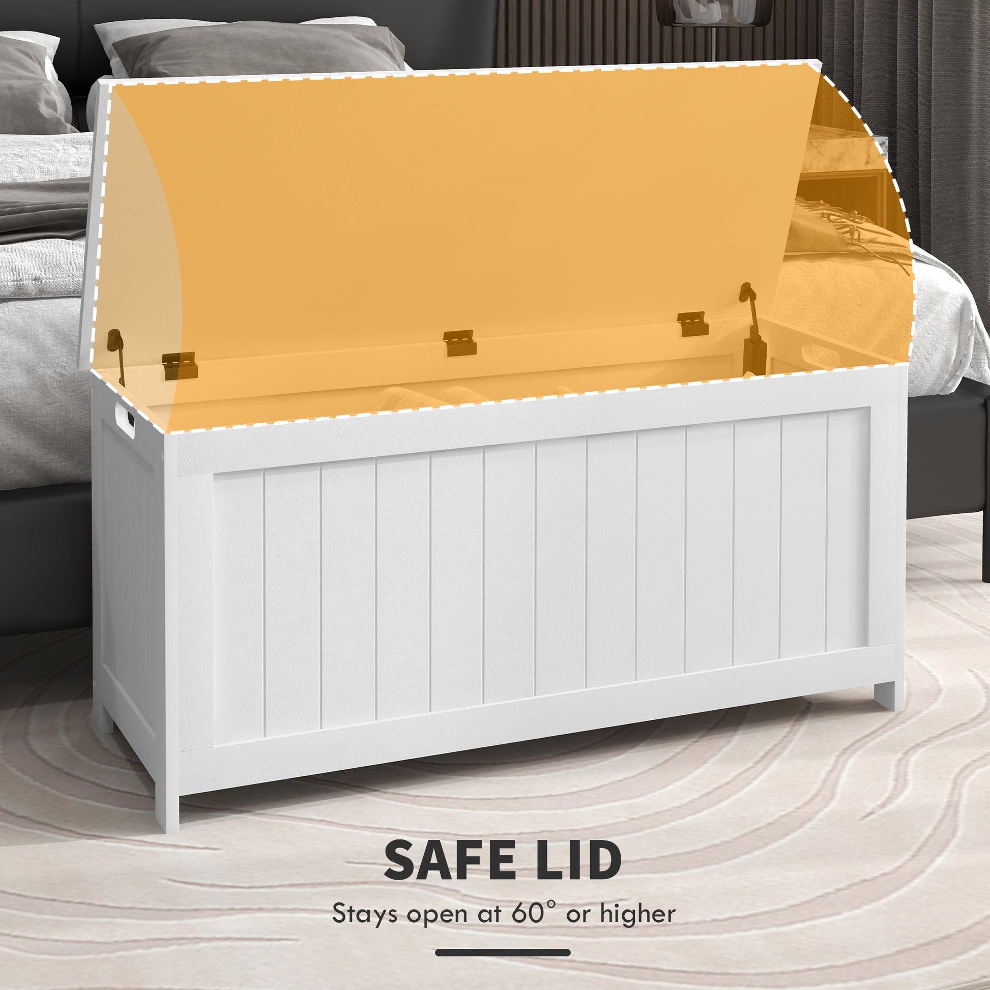 Storage Trunk with 2 Safety Hinges, Modern Entryway Bench with Side Handles, Toy Chest for Living Room, Playroom, White Storage Ottomans & Benches   at Gallery Canada