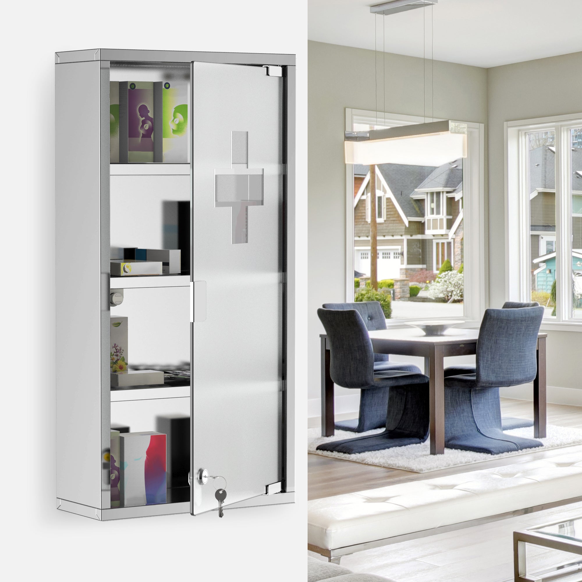 Wall Mount Medicine Cabinet, Bathroom Cabinet with 4 Tier Shelves, Stainless Steel Frame and Glass Door, Lockable with 2 Keys, Silver, 12