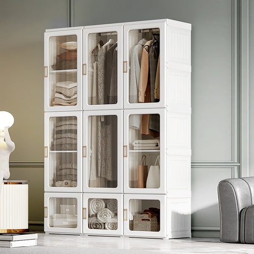 Portable Wardrobe Closet, Bedroom Armoire, Foldable Clothes Organizer with Cube Storage, Hanging Rods, Magnet Doors, White