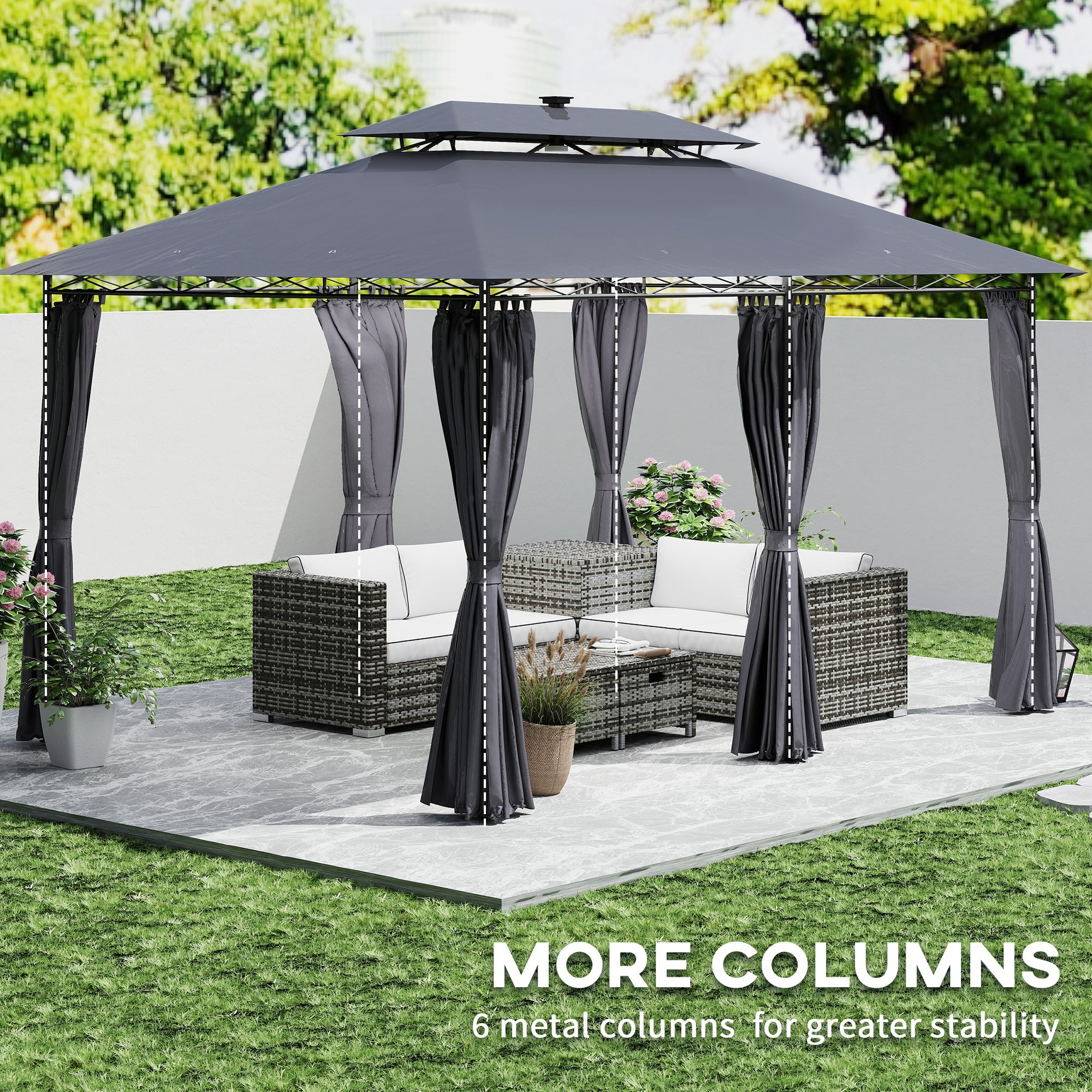 10' x 13' Outdoor Gazebo with Curtains and Solar-Powered LED Lights, Double Roof Patio Gazebo Canopy Shelter Gazebos at Gallery Canada