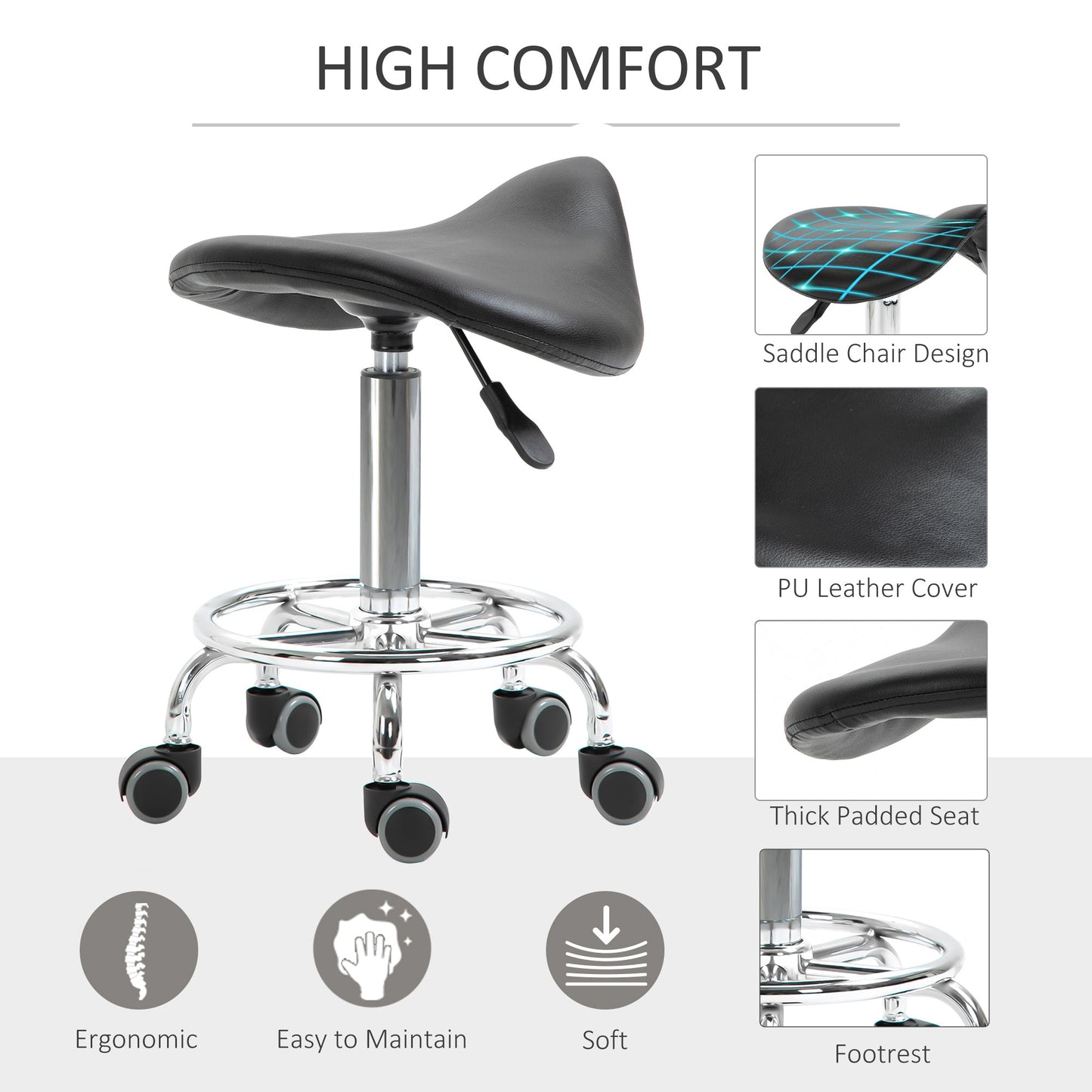 Saddle Stool, PU Leather Adjustable Rolling Salon Chair for Massage, Spa, Clinic, Beauty and Tattoo, Black Salon Stools   at Gallery Canada