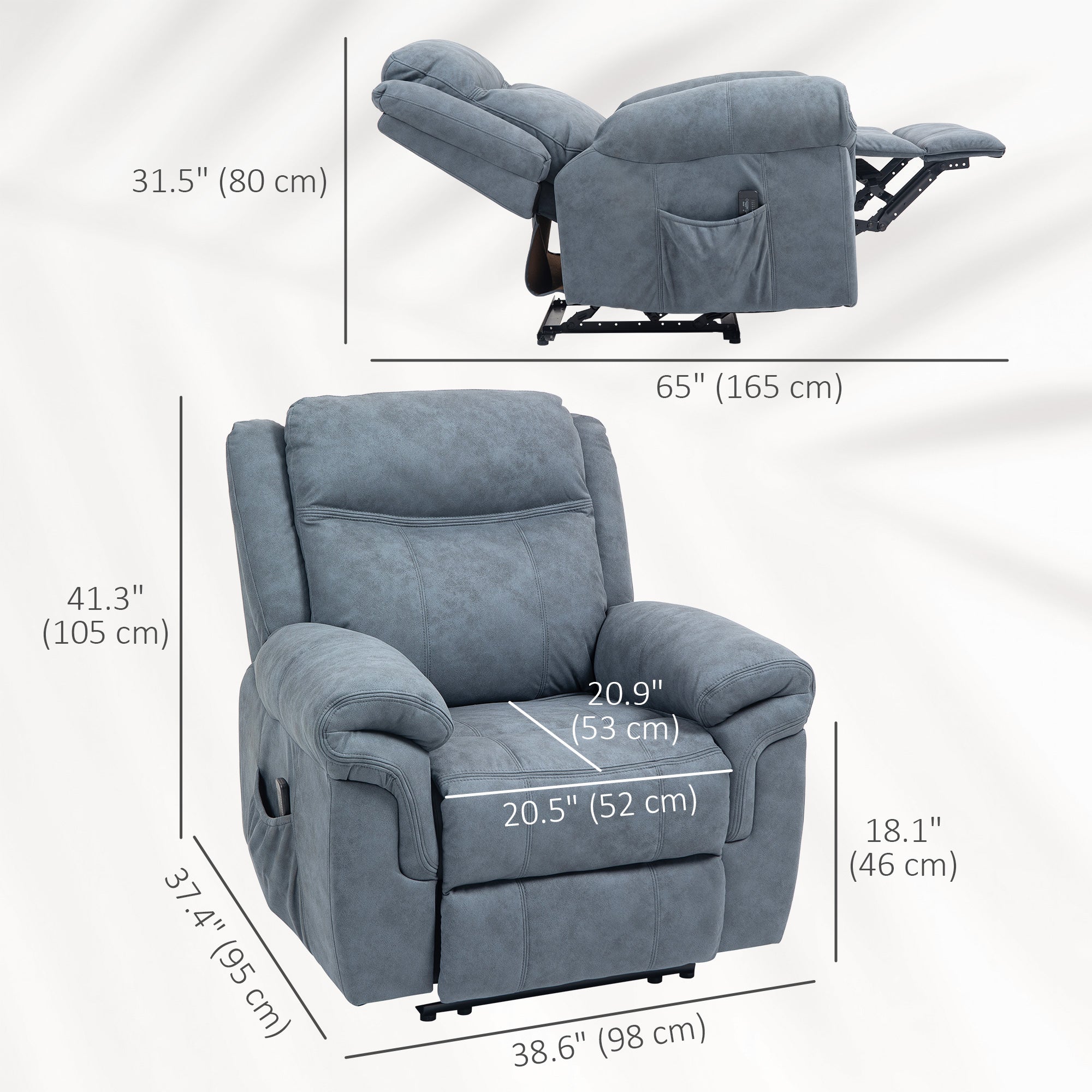 Manual Recliner Chair with Vibration Massage, Side Pockets, Microfibre Reclining Chair for Living Room, Blue Sofas & Reclining Chairs at Gallery Canada