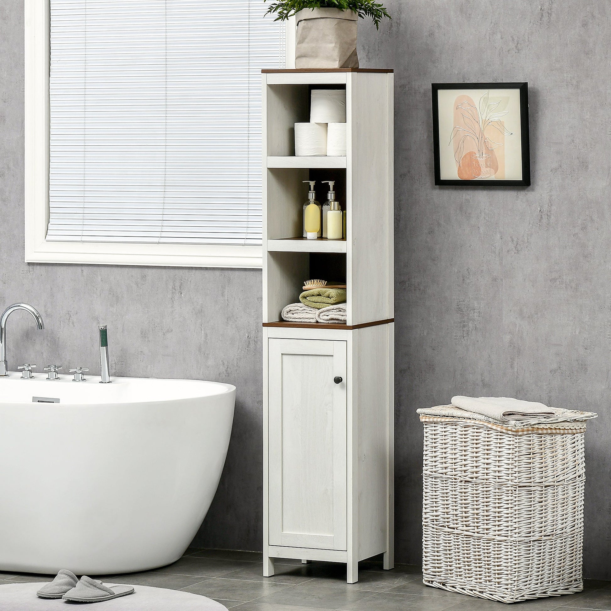 Tall Bathroom Storage Cabinet, Freestanding Tower Cabinet with 3 Open Shelves and Adjustable Shelf, Antique White Bathroom Cabinets   at Gallery Canada