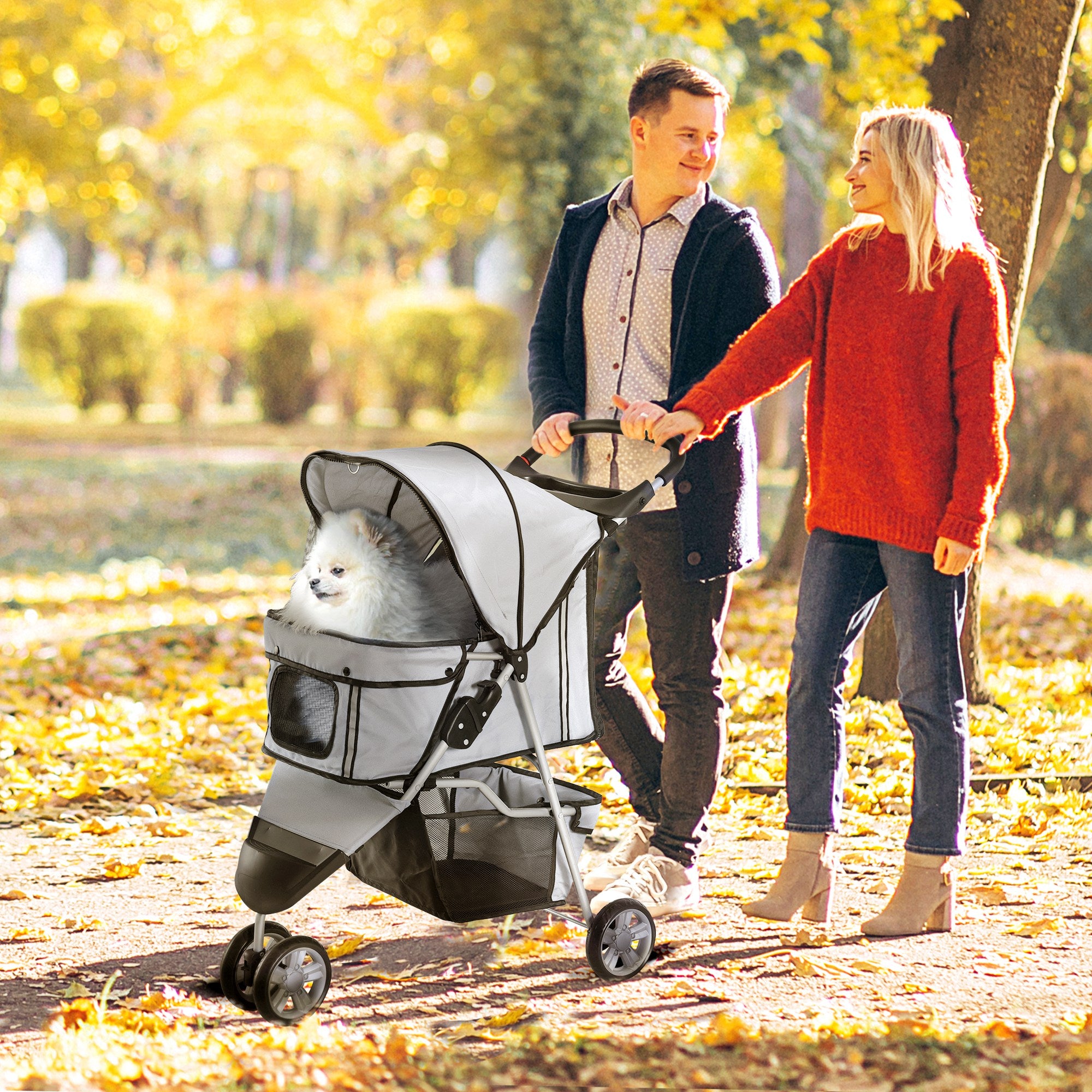 3 Wheels Foldable Dog Stroller with Storage Basket, Adjustable Canopy, Cupholder for Miniature and Small Dogs, Grey Dog Bike Trailers & Strollers at Gallery Canada