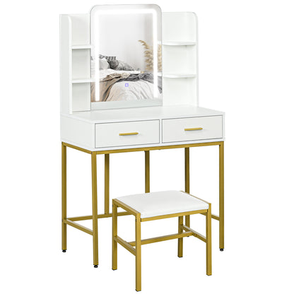 Makeup Vanity Desk Set with LED Lighting Mirror, Stool, Drawers, Shelves, Dressing Table for Bedroom, White Dressing & Vanity Tables   at Gallery Canada