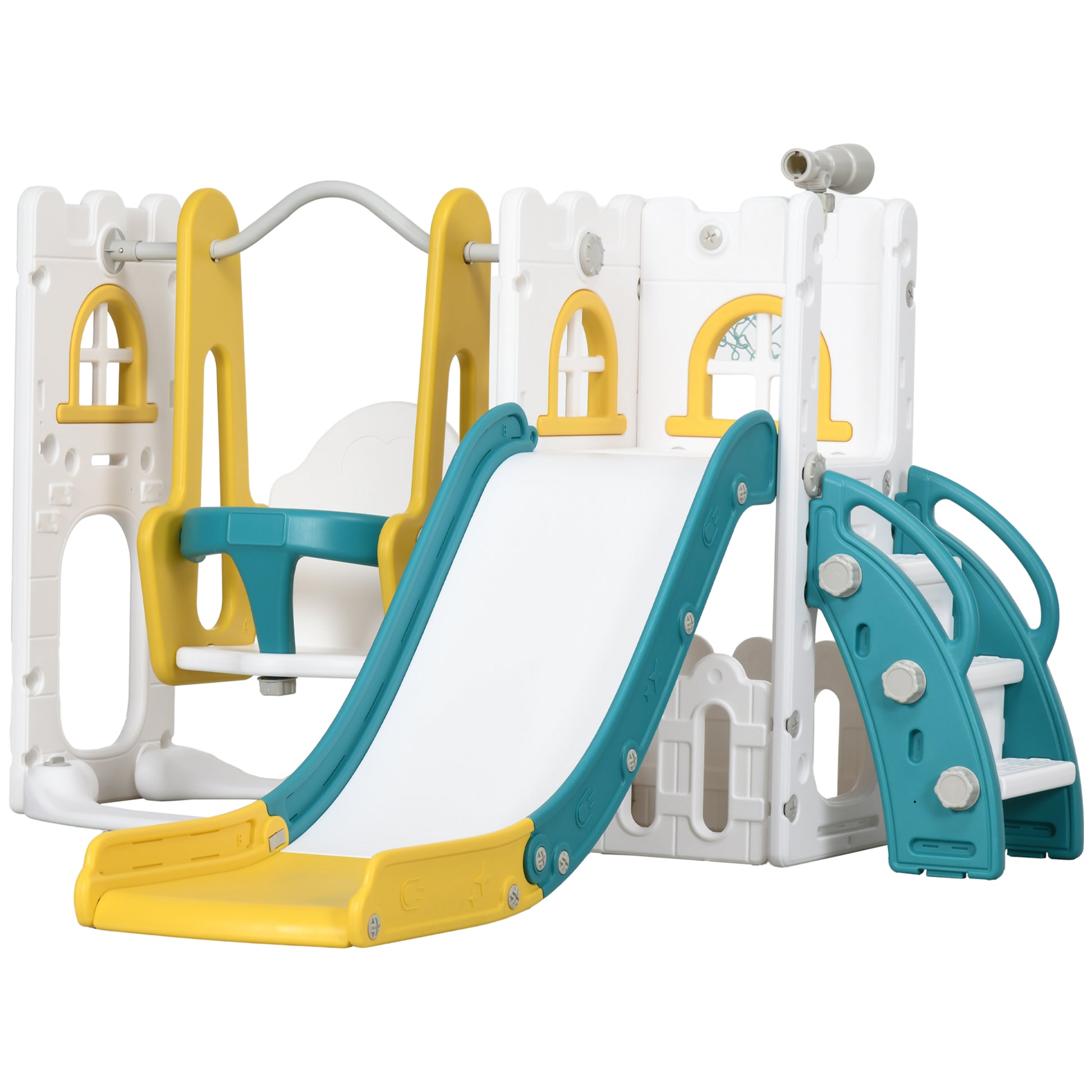 6-in-1 Slide and Swing Set Baby Swing Playset Indoor with Basketball Hoop, Climber, Storage Space, Telescope, Yellow Gym Sets & Swings   at Gallery Canada