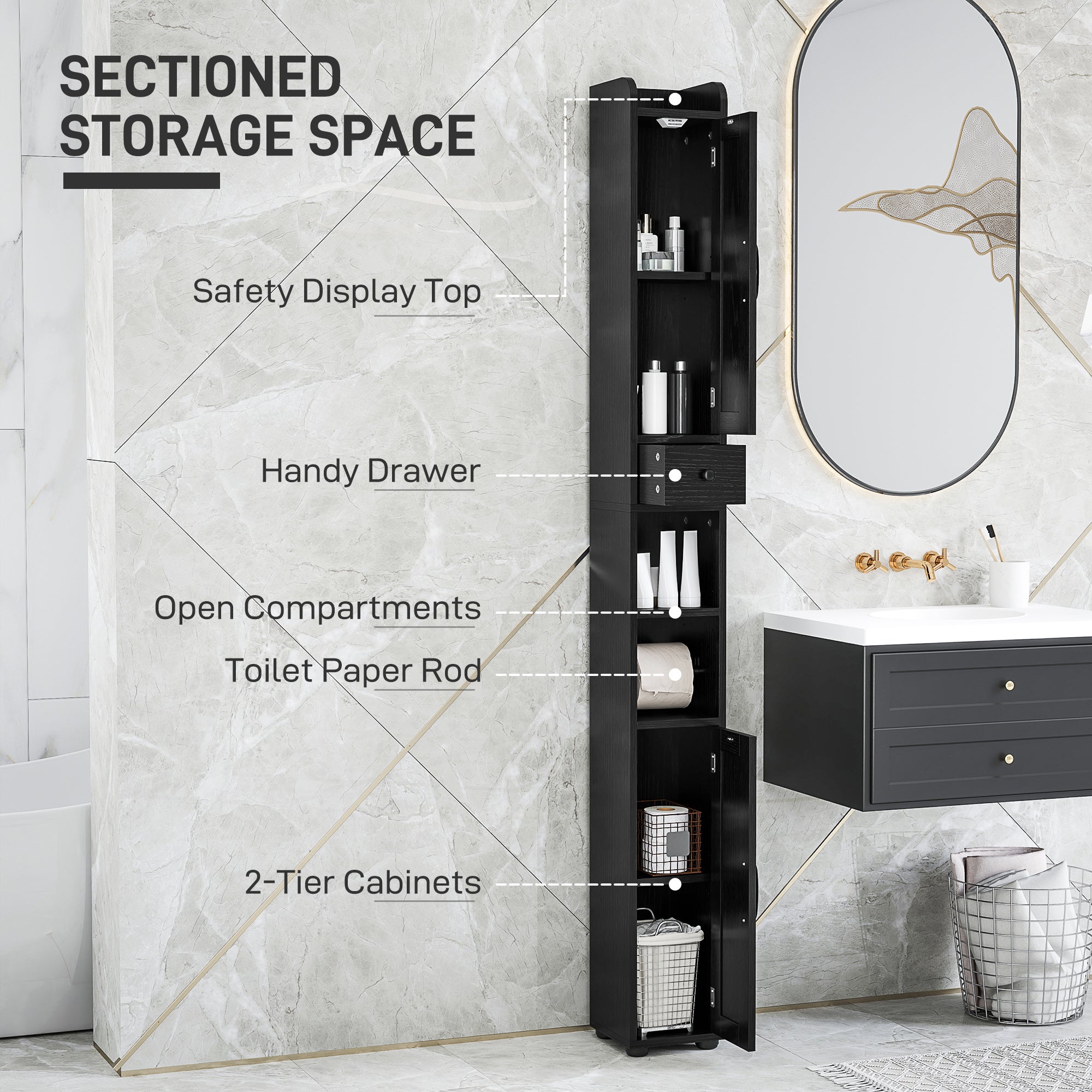 Narrow Bathroom Cabinet, Tall Bathroom Storage Cabinet with Barn Doors, Drawer and Adjustable Shelves, Black Wood Grain Bathroom Cabinets at Gallery Canada