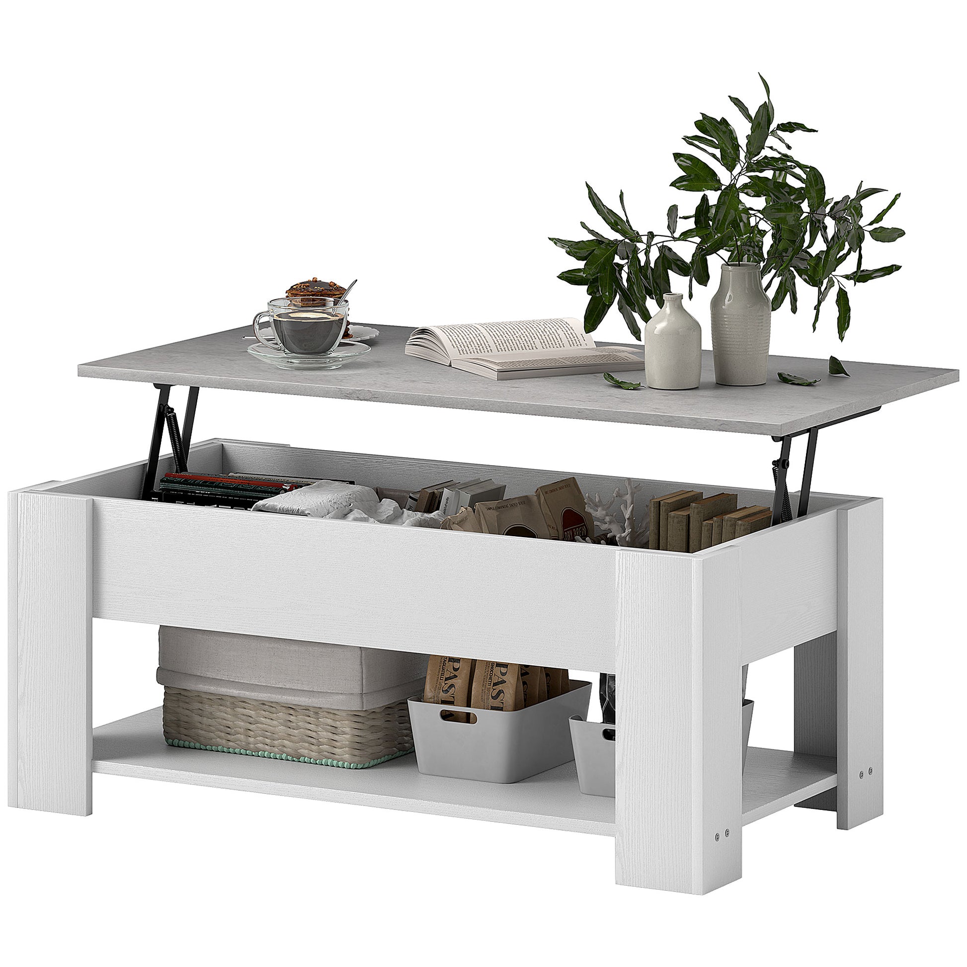 Lift Top Coffee Table with Hidden Storage Compartment and Open Shelf, Center Table for Living Room, White Coffee Tables   at Gallery Canada